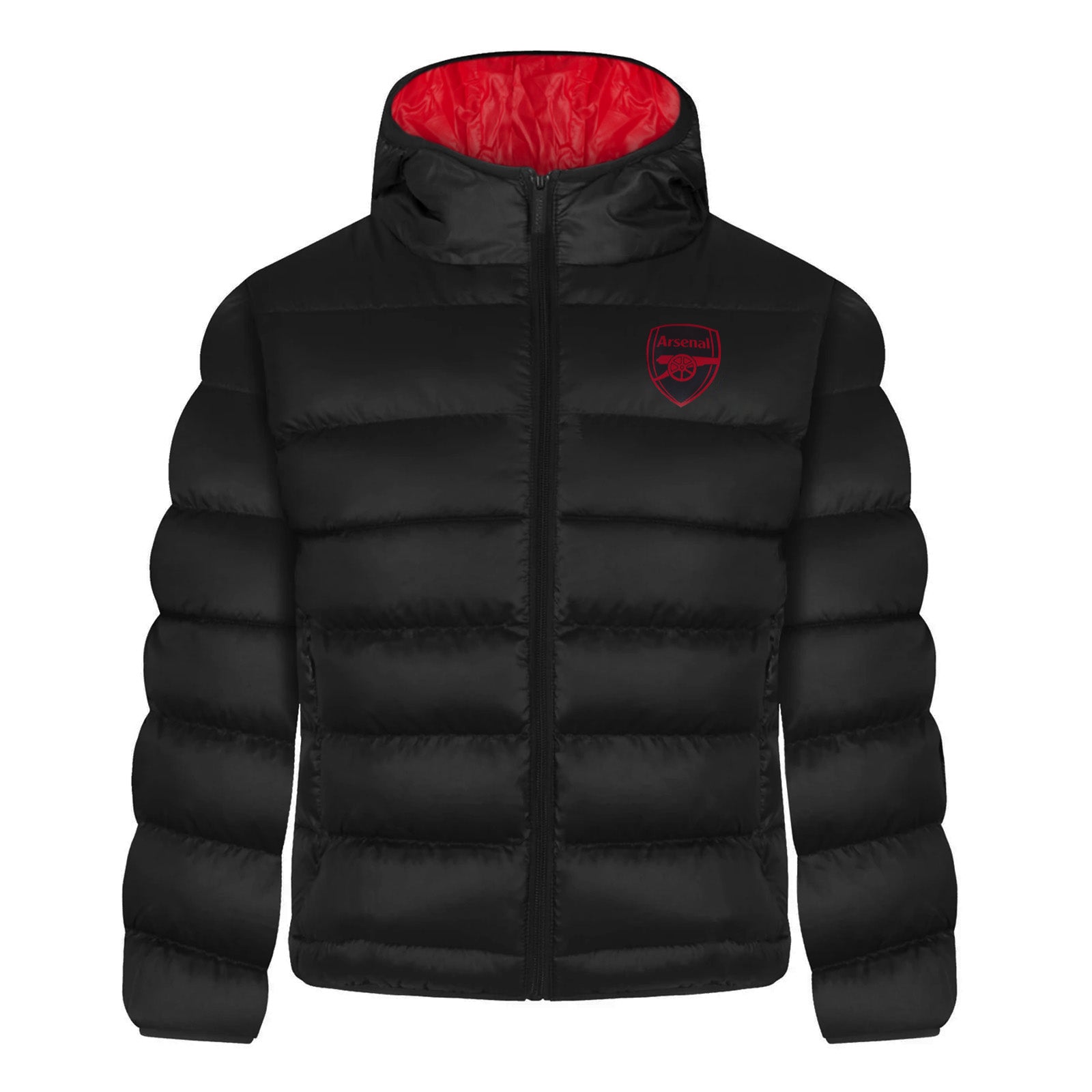 Arsenal kids quilted jacket in black with club crest to chest.