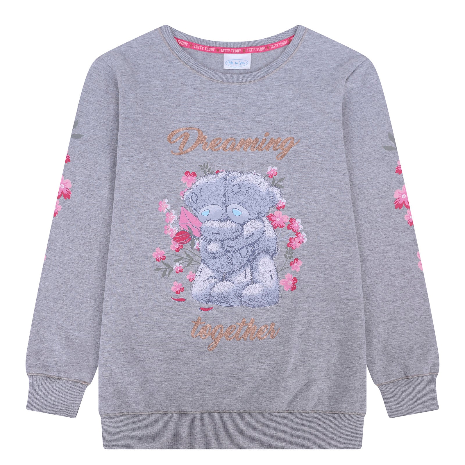 Tatty Teddy ladies loungewear in grey. Top with large character print & text to front and bottoms with all over character print.