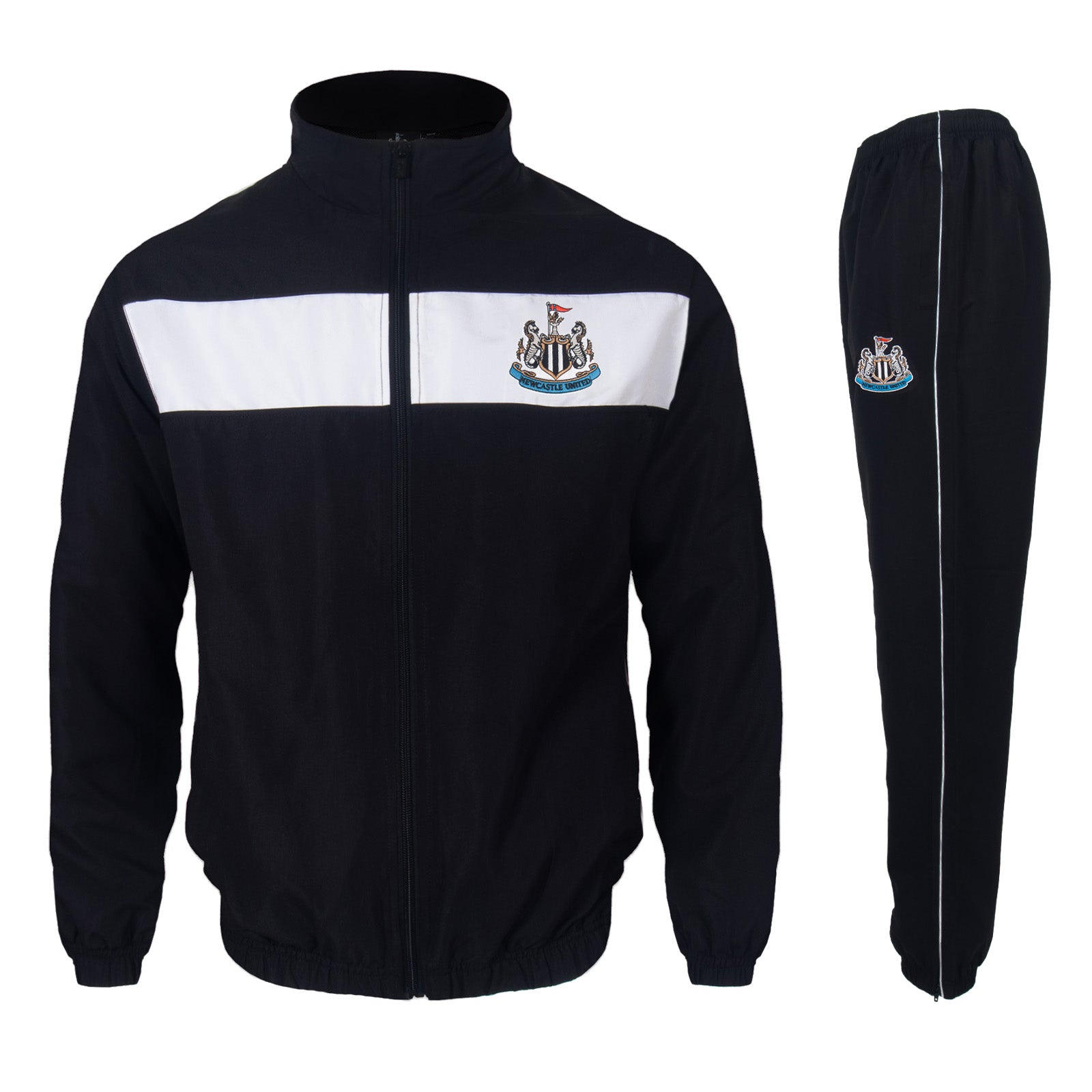 Newcastle Utd adults tracksuit in black with club crest to chest and left thigh