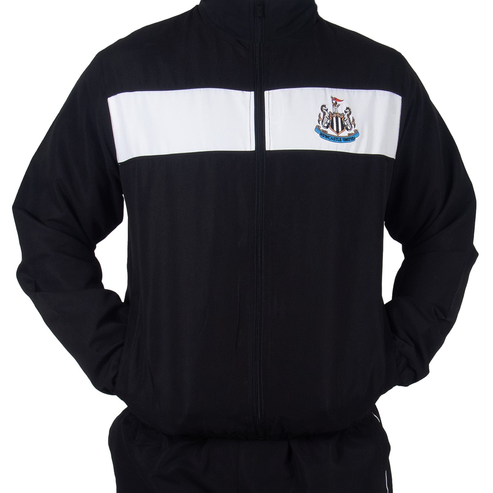 Newcastle Utd adults tracksuit in black with club crest to chest and left thigh