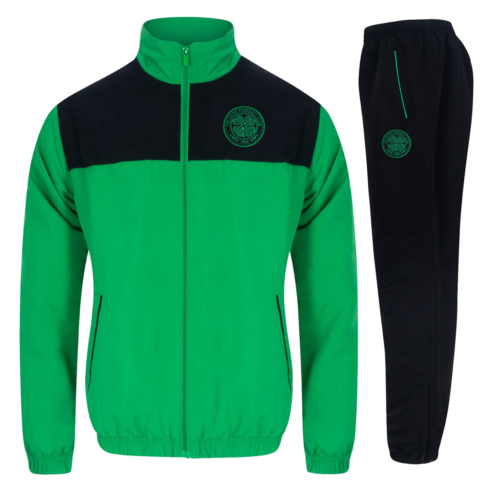 Celtic adults tracksuit in black with club crest to chest and left thigh