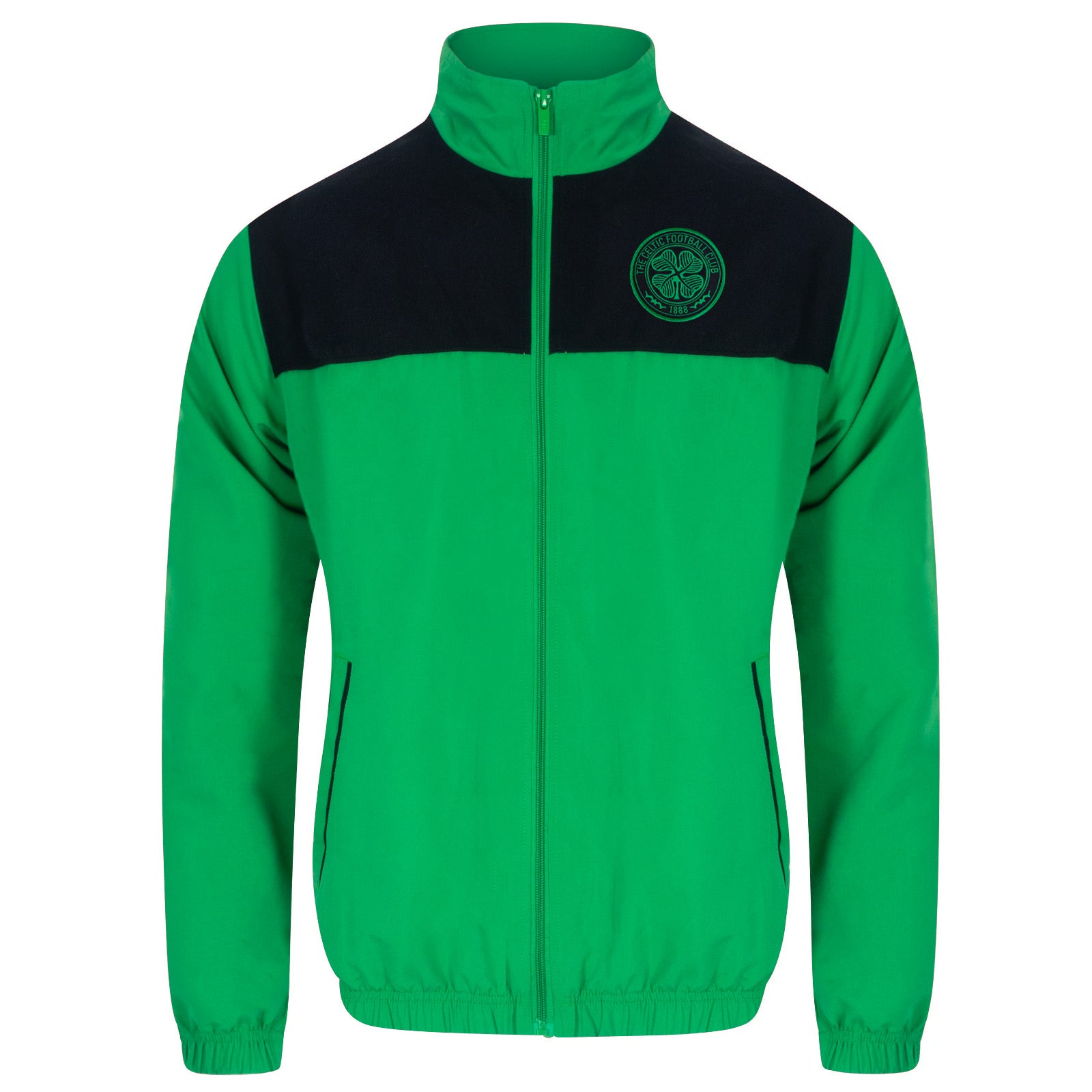 Celtic adults tracksuit in black with club crest to chest and left thigh