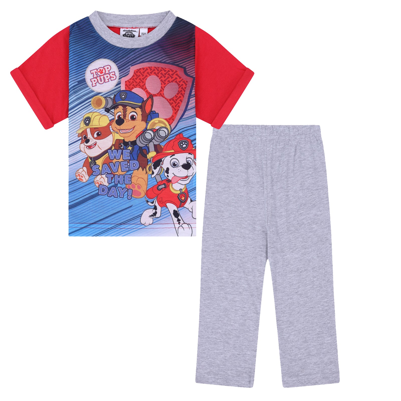 PAW Patrol kids pyjamas in blue. Short sleeve top with large character graphic to front and long bottoms.