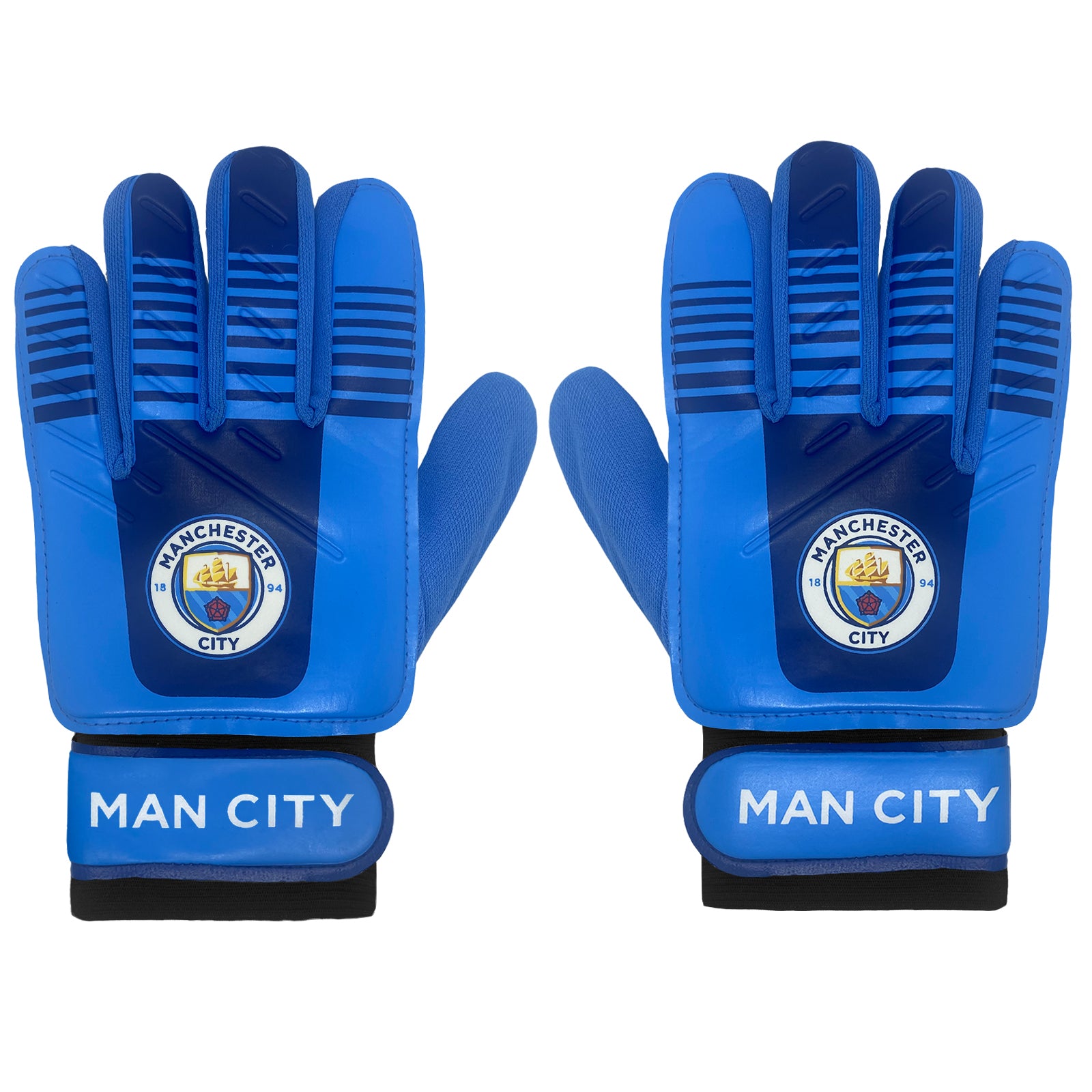 Man City blue goalkeeper gloves with MCFC crest & text print to each glove