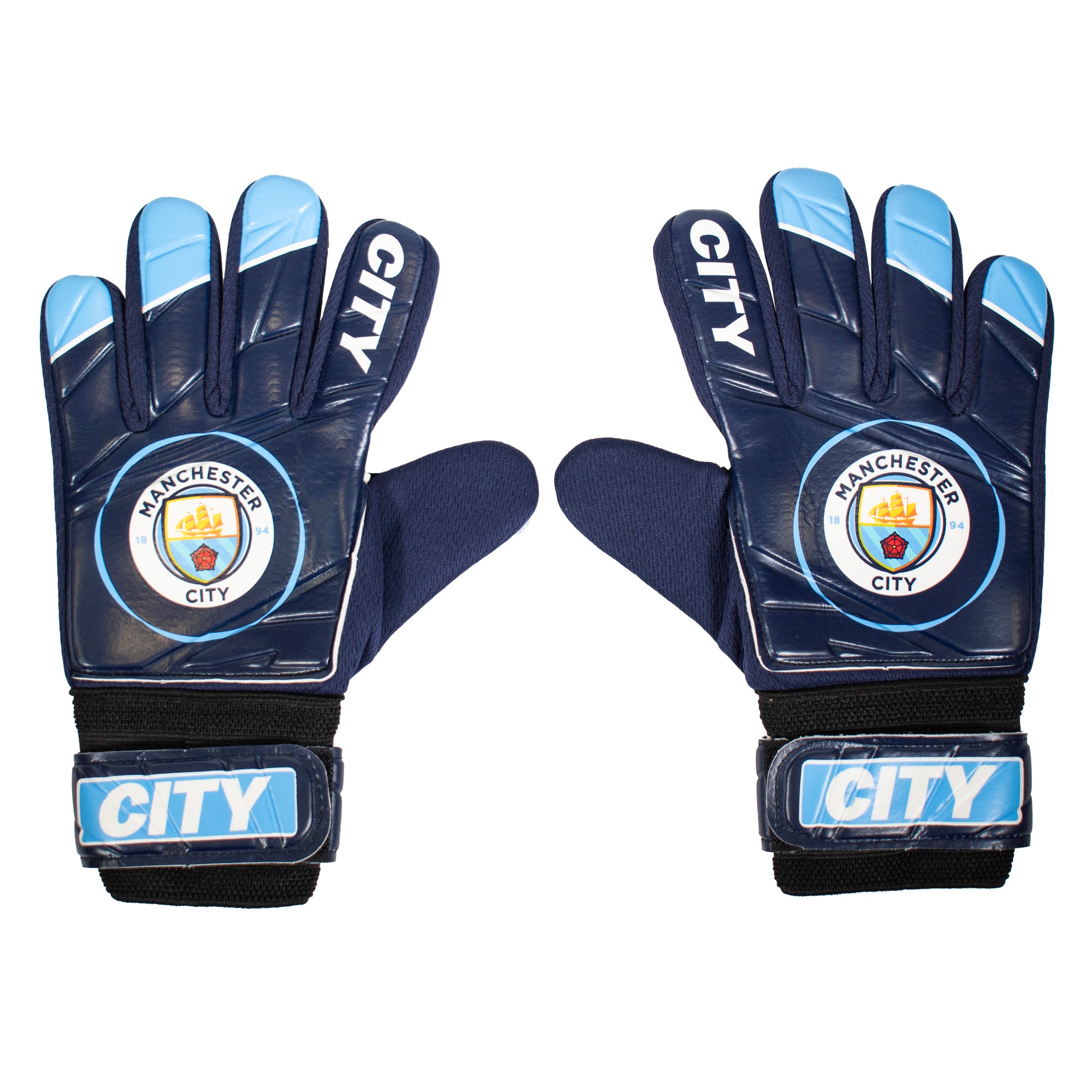 Man City blue goalkeeper gloves with MCFC crest & text print to each glove