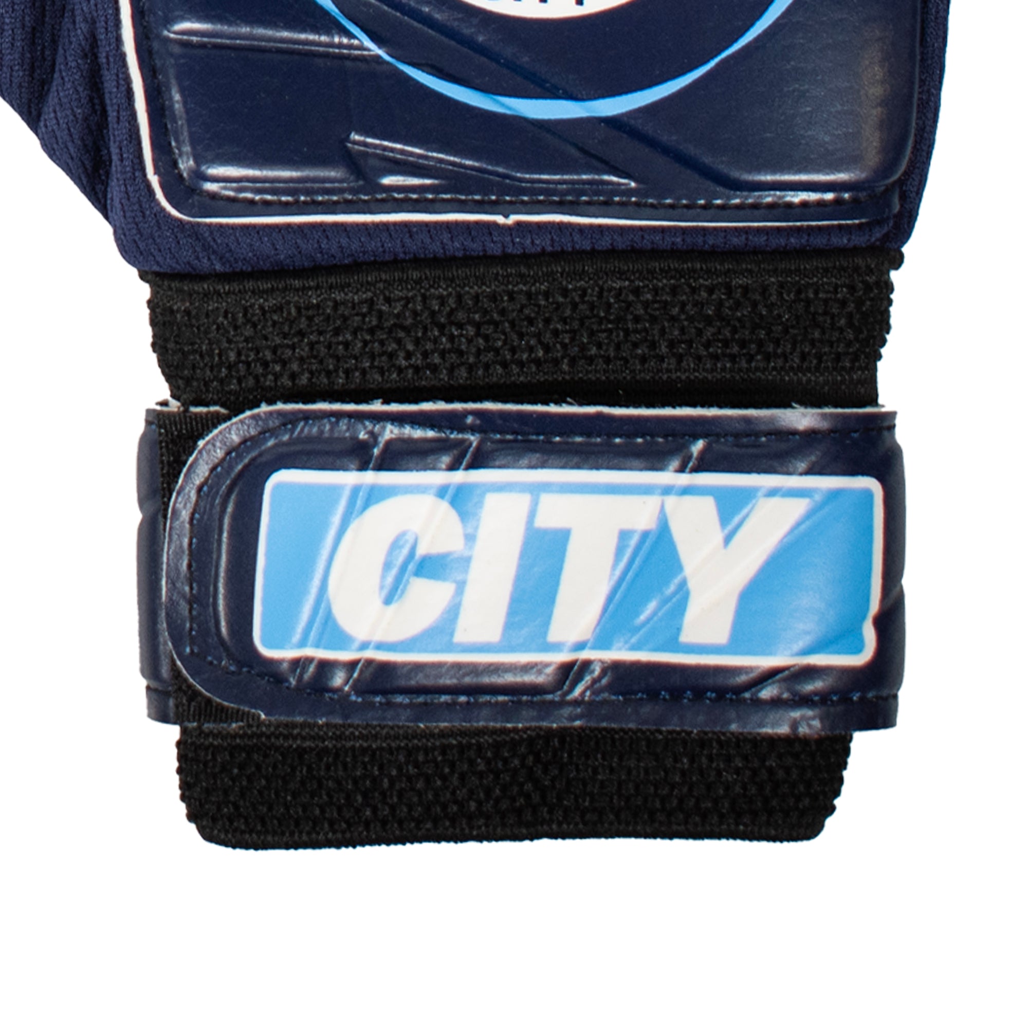 Man City blue goalkeeper gloves with MCFC crest & text print to each glove