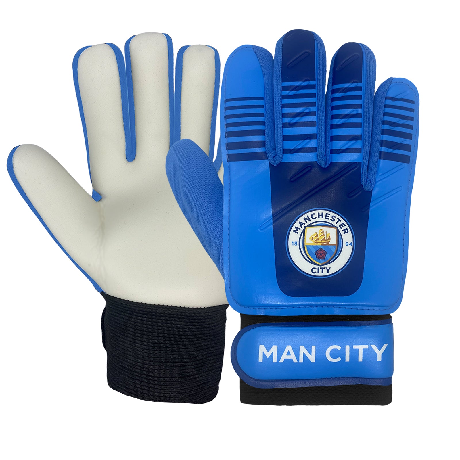 Man City blue goalkeeper gloves with MCFC crest & text print to each glove