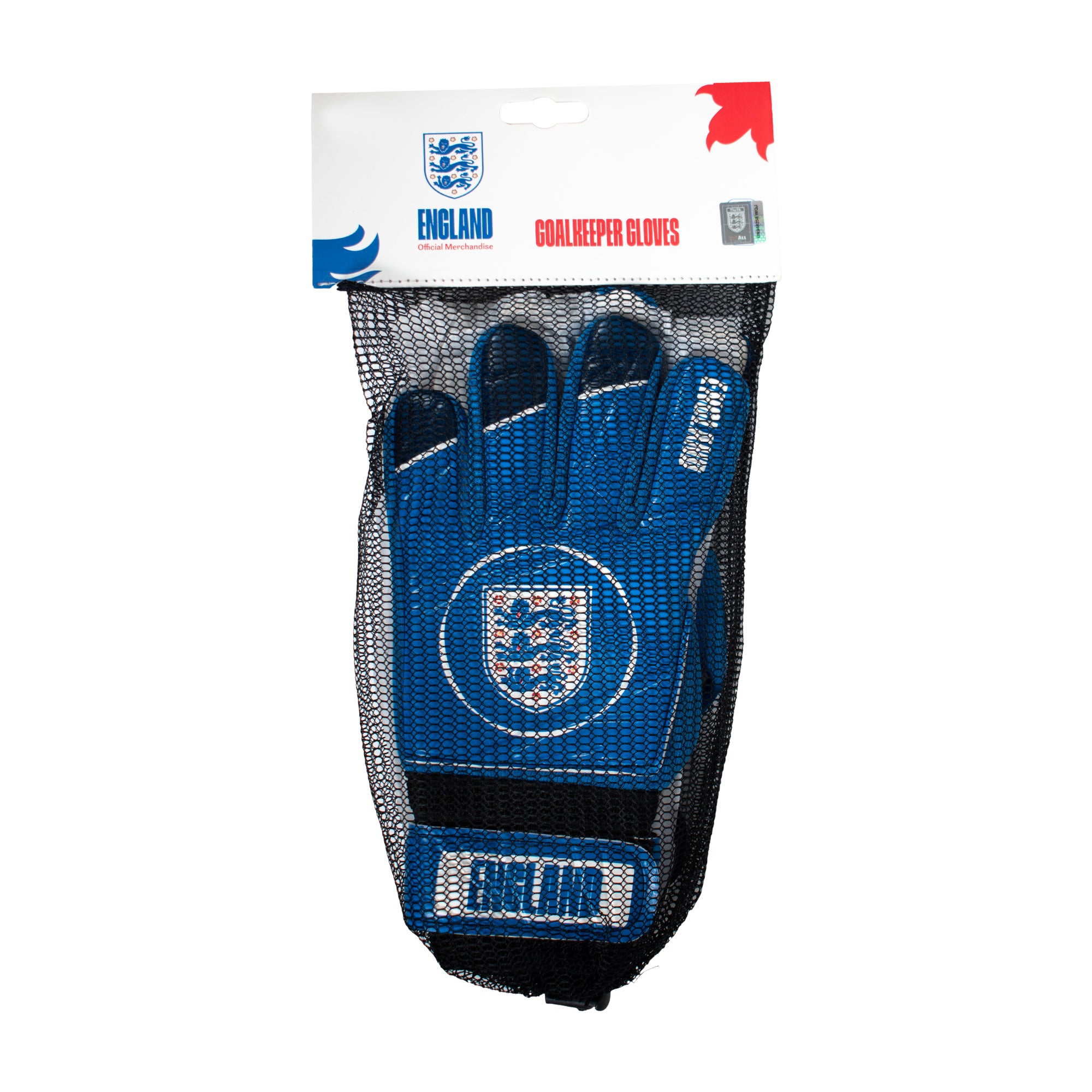 England goalkeeper gloves blue with Three Lions crest & text print to each glove