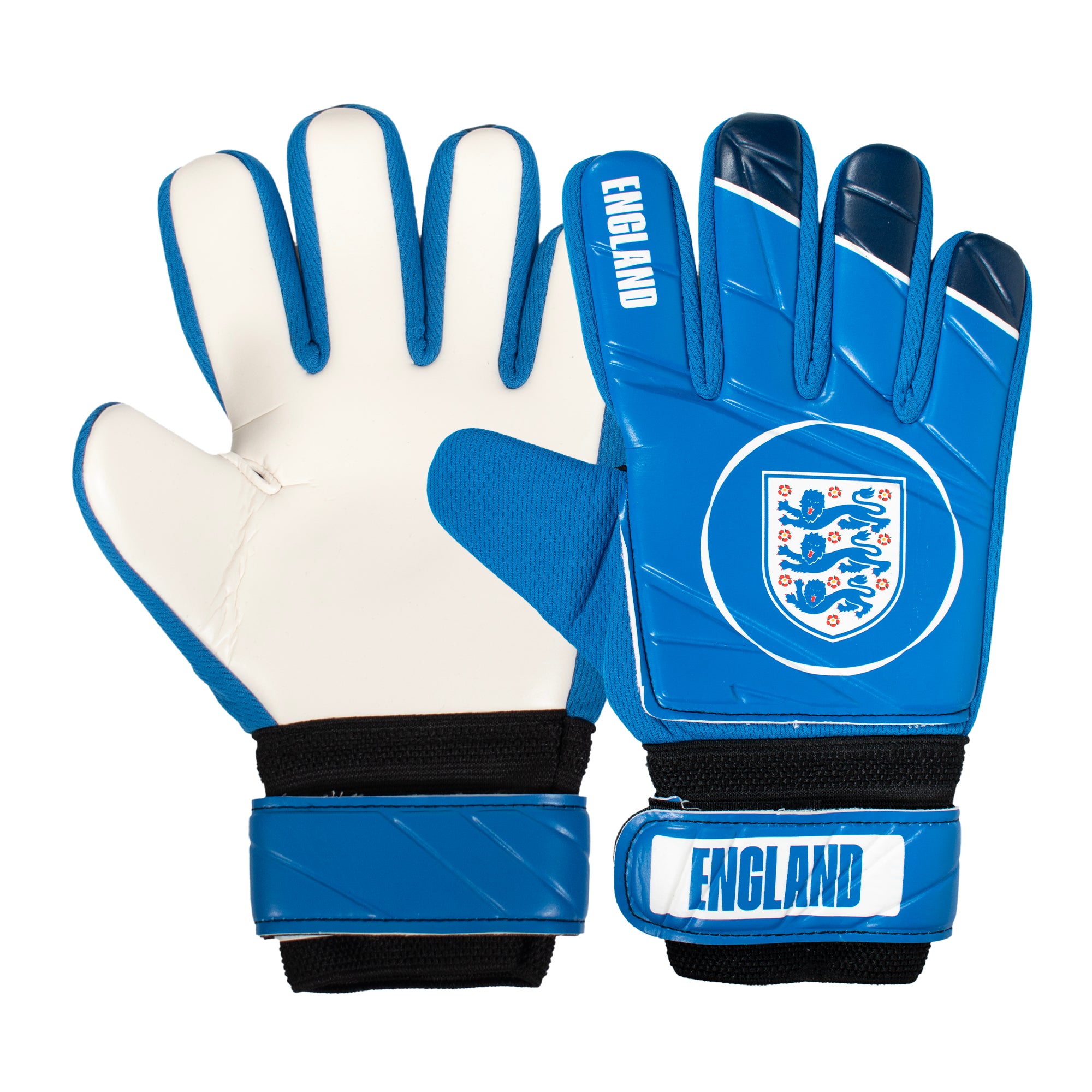 England goalkeeper gloves in red & navy blue with Three Lions crest & text print to each glove