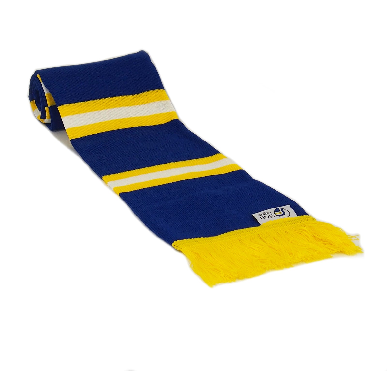 Leeds United retro bobble hat & bar scarf set in blue, white & yellow