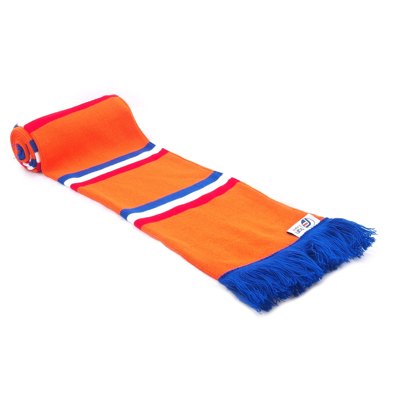 Rangers retro football bar scarf in orange with red, blue & white pinstripes