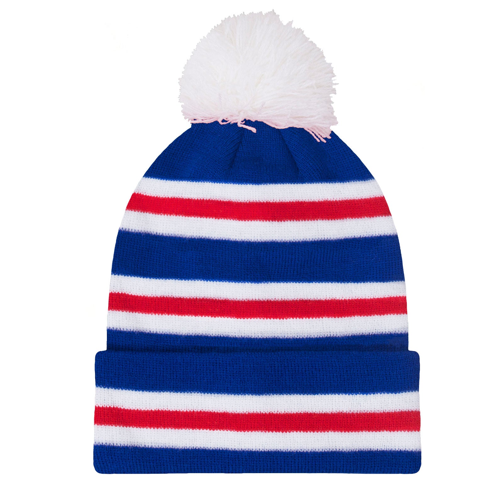 Rangers retro knitted bobble hat in blue, red & white