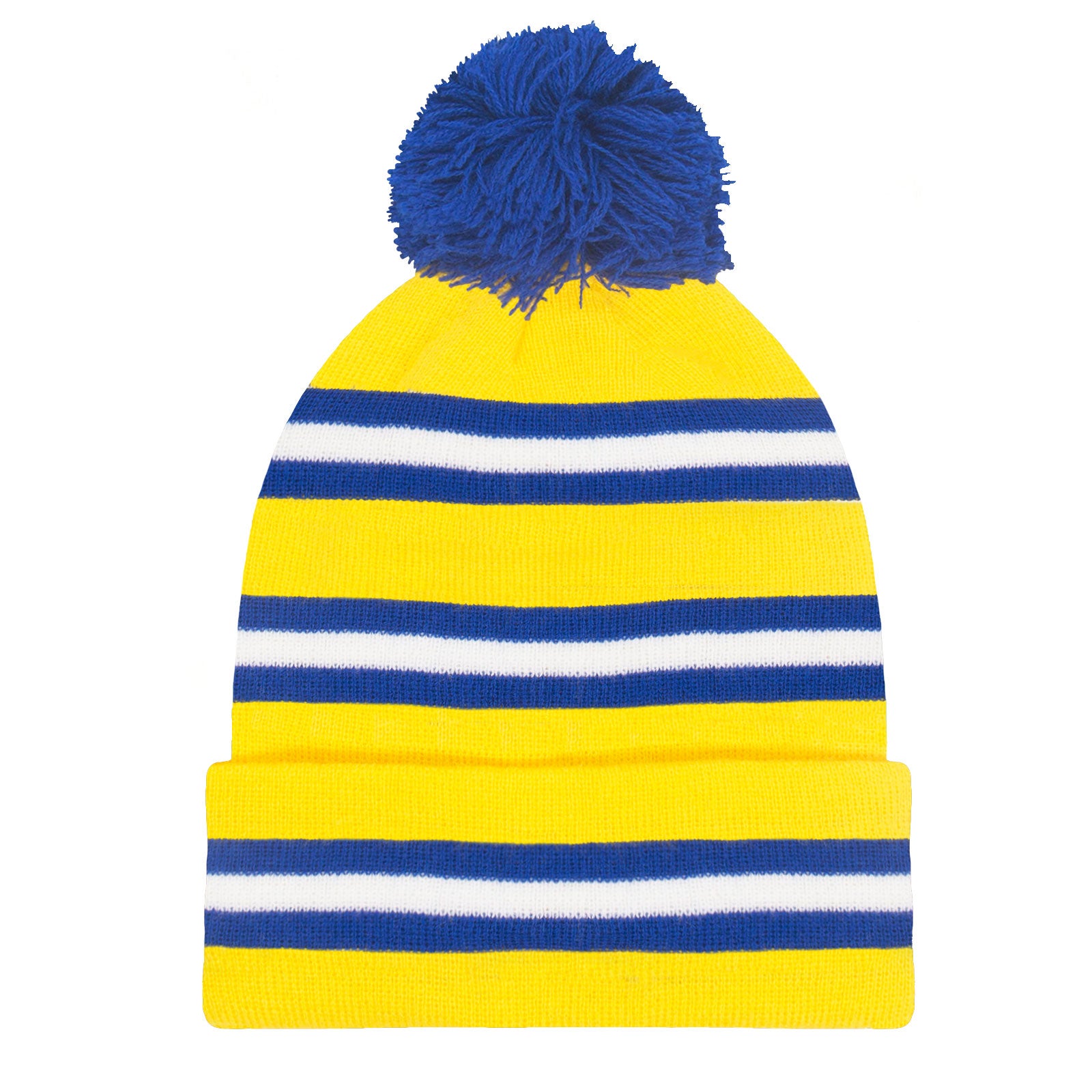 Leeds United retro knitted bobble hat in yellow, blue & white