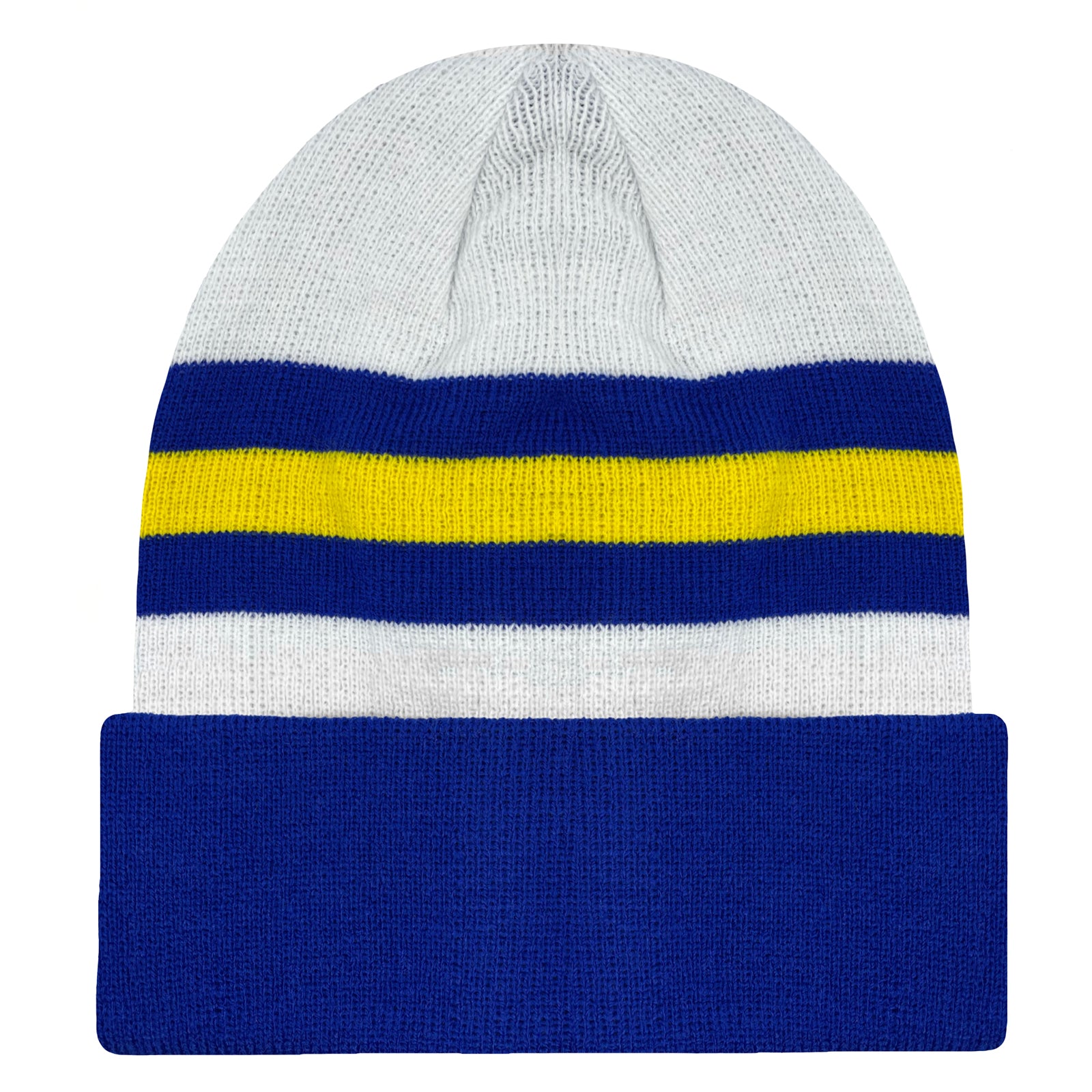 Leeds United retro knitted bobble hat in white, blue & yellow