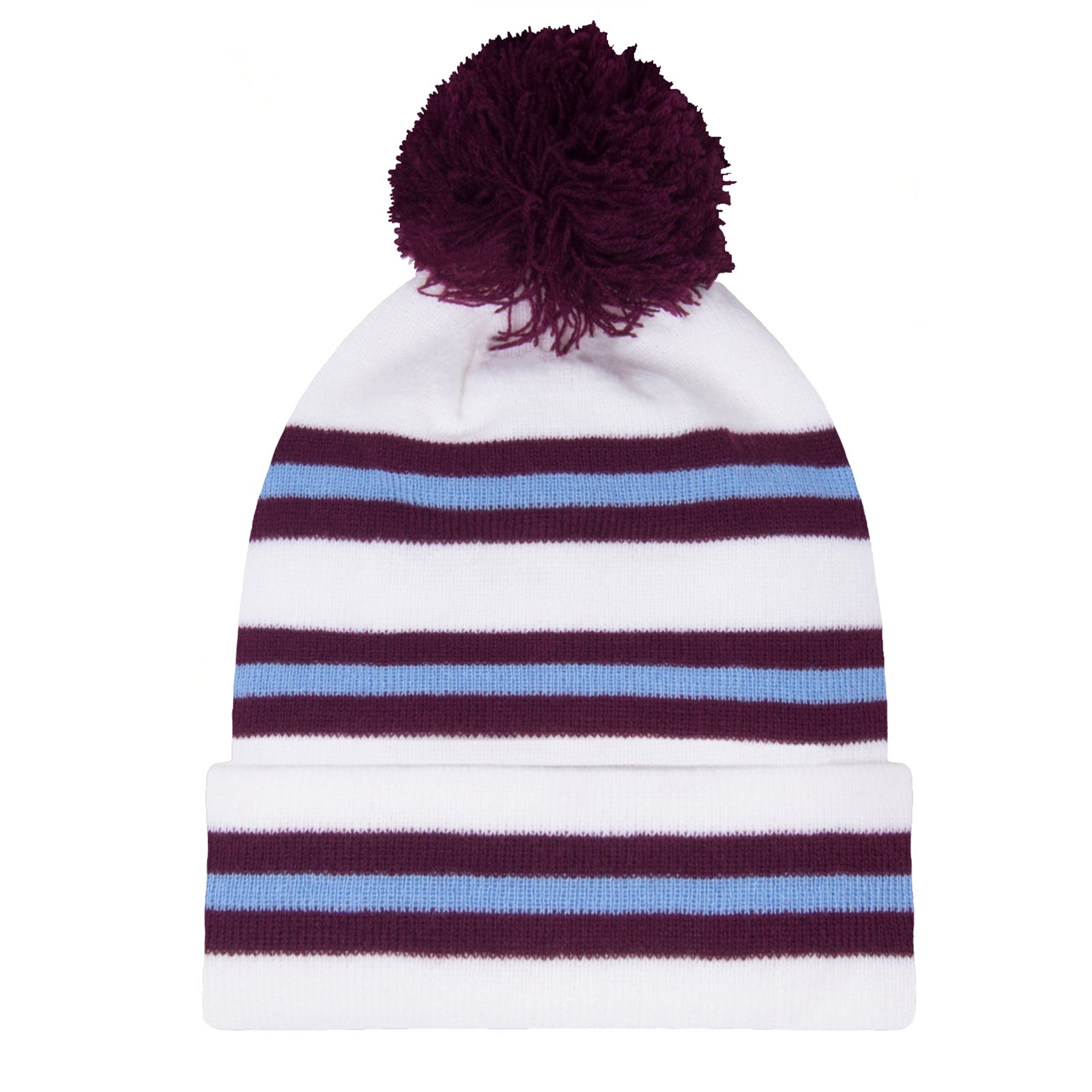 West Ham retro bobble hat & bar scarf set in white, claret & blue