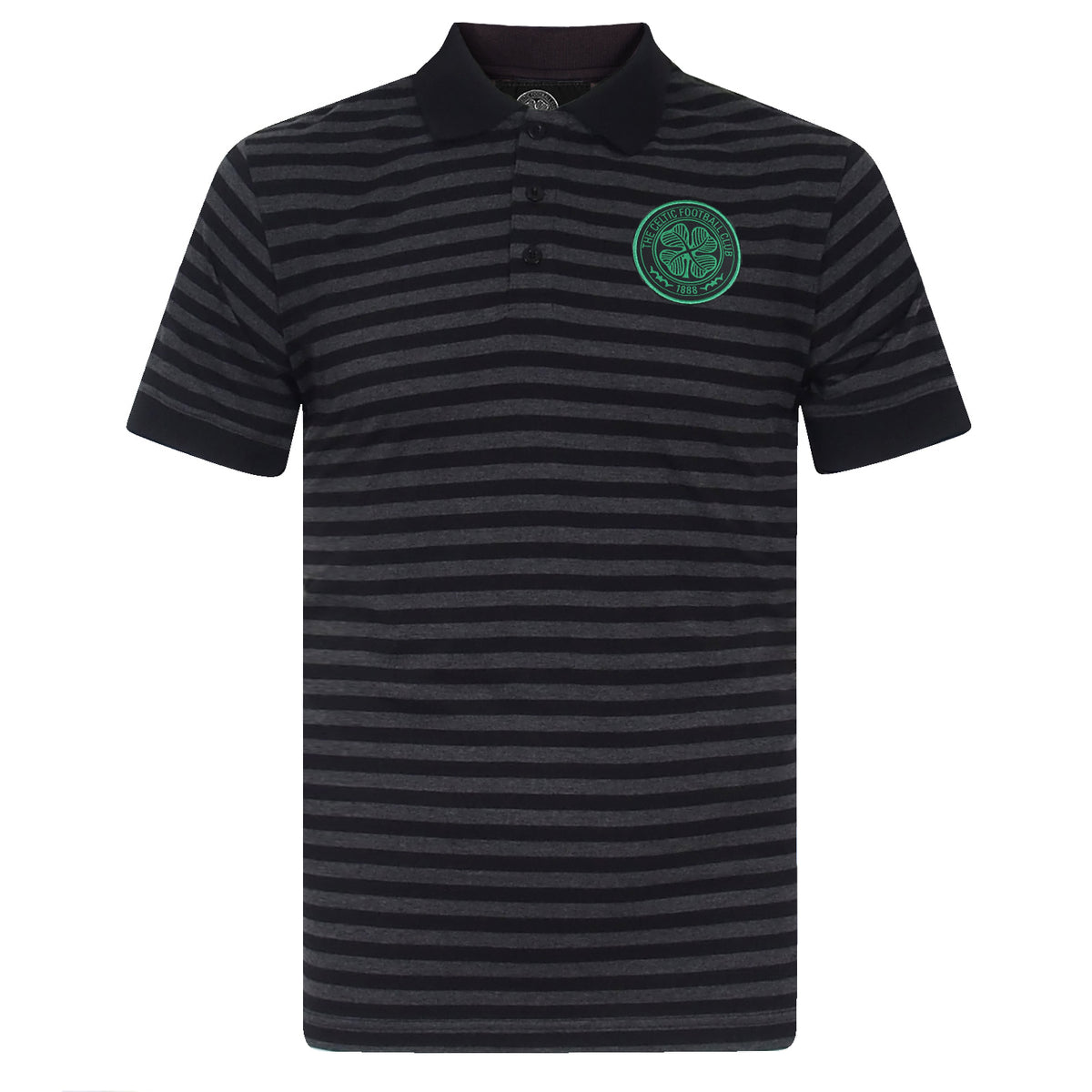 Celtic adults striped polo shirt for adults in black & grey with club crest to chest.