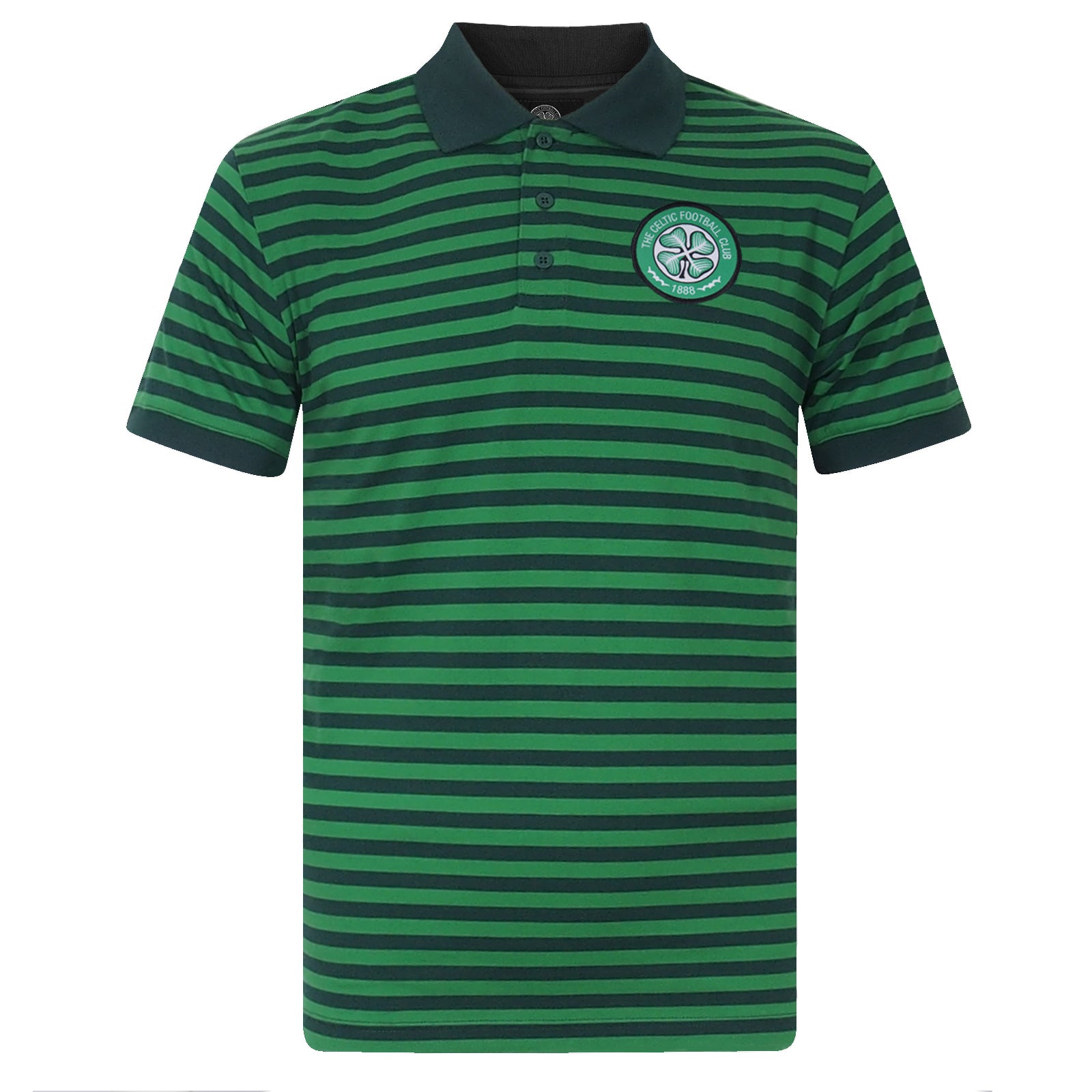 Celtic adults striped polo shirt for adults in green & black with club crest to chest.