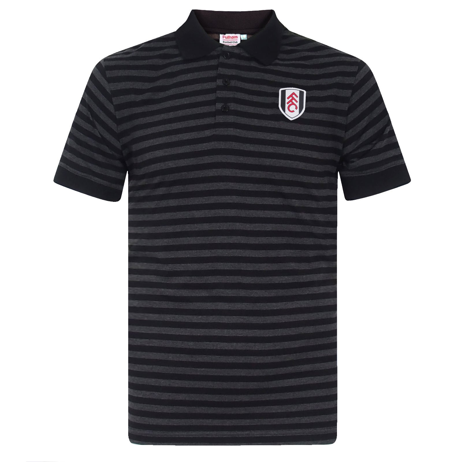 Fulham adults striped polo shirt in black & grey marl with club crest to chest.