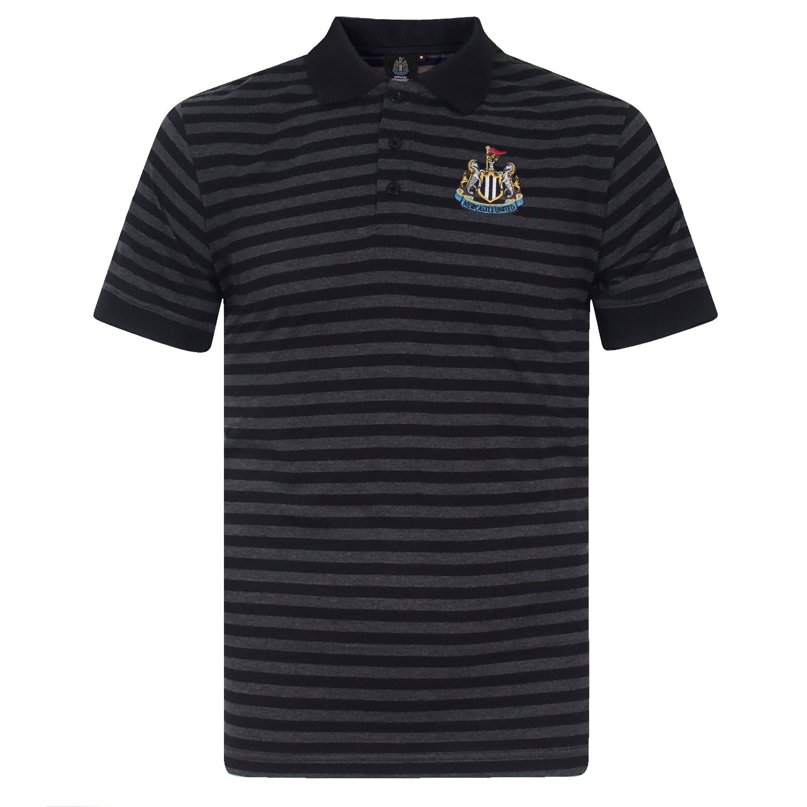 Newcastle Utd adults striped polo shirt in black & grey with club crest to chest.