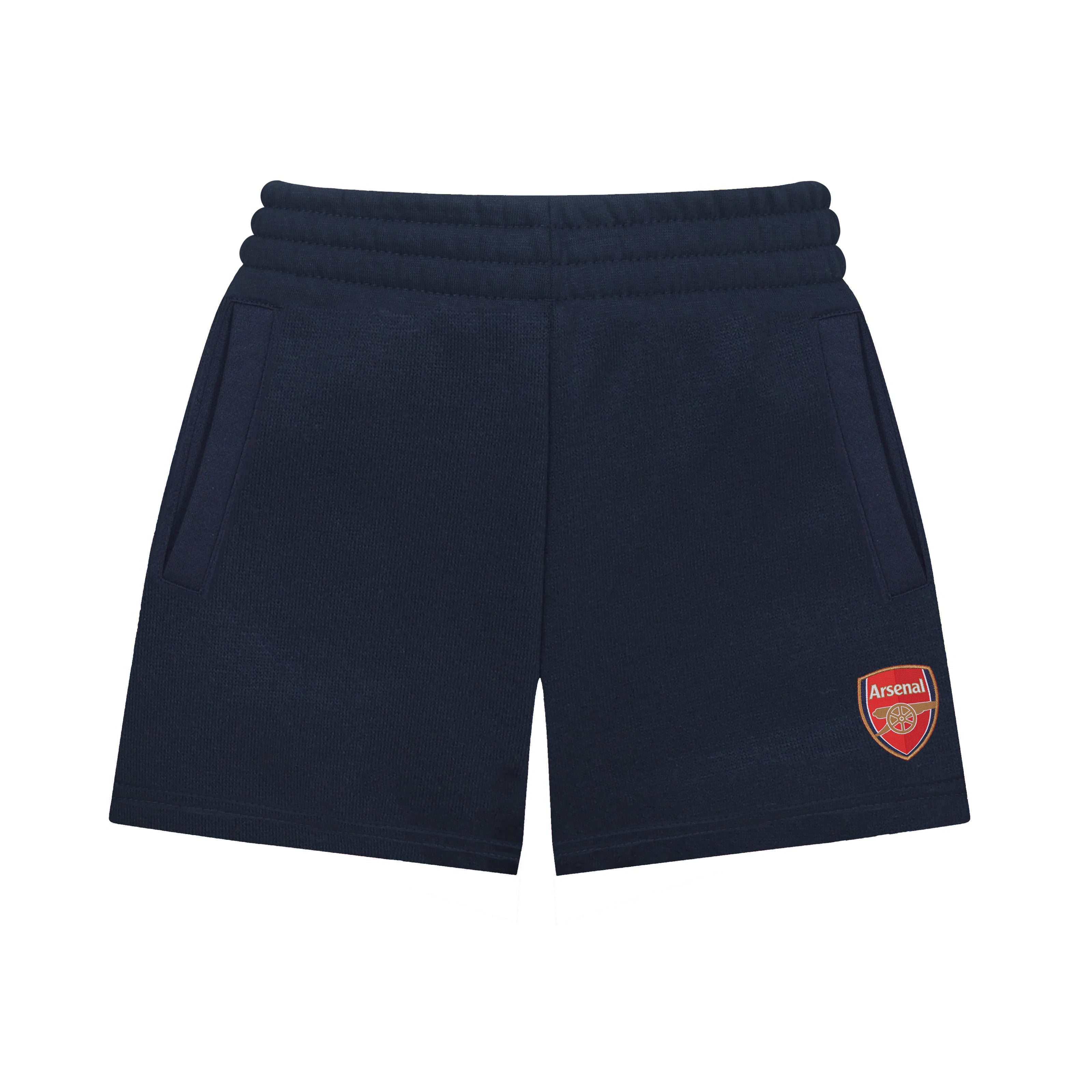 Arsenal kids fleece shorts in navy blue with crest to left leg and pockets to front & back.