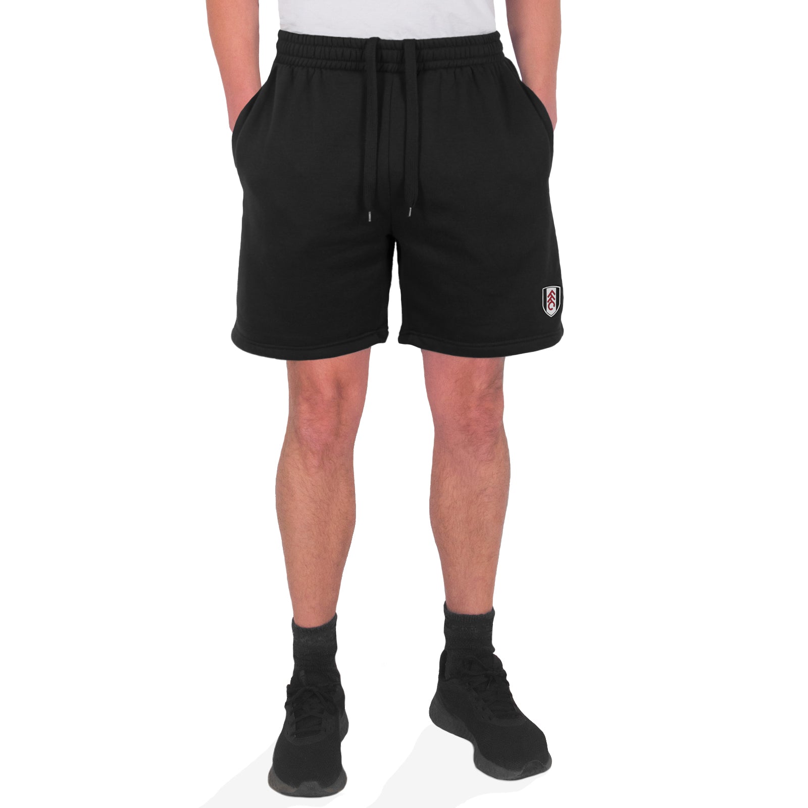 Fulham adults fleece shorts in black with crest to left leg and pockets to front & back.