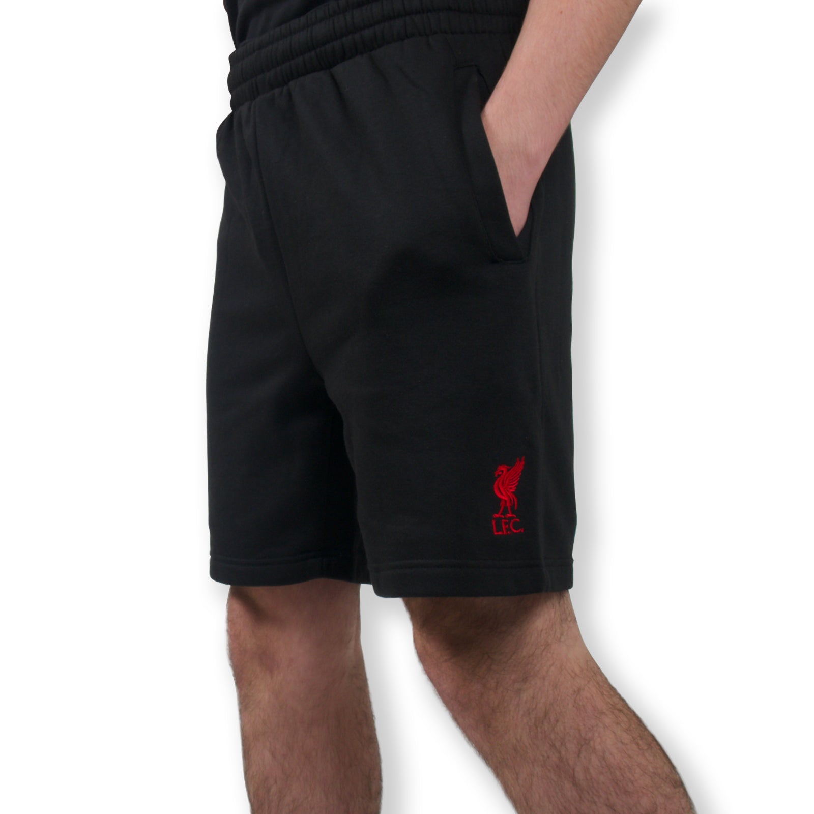 Liverpool adults fleece shorts in black with crest to left leg and pockets to front & back.