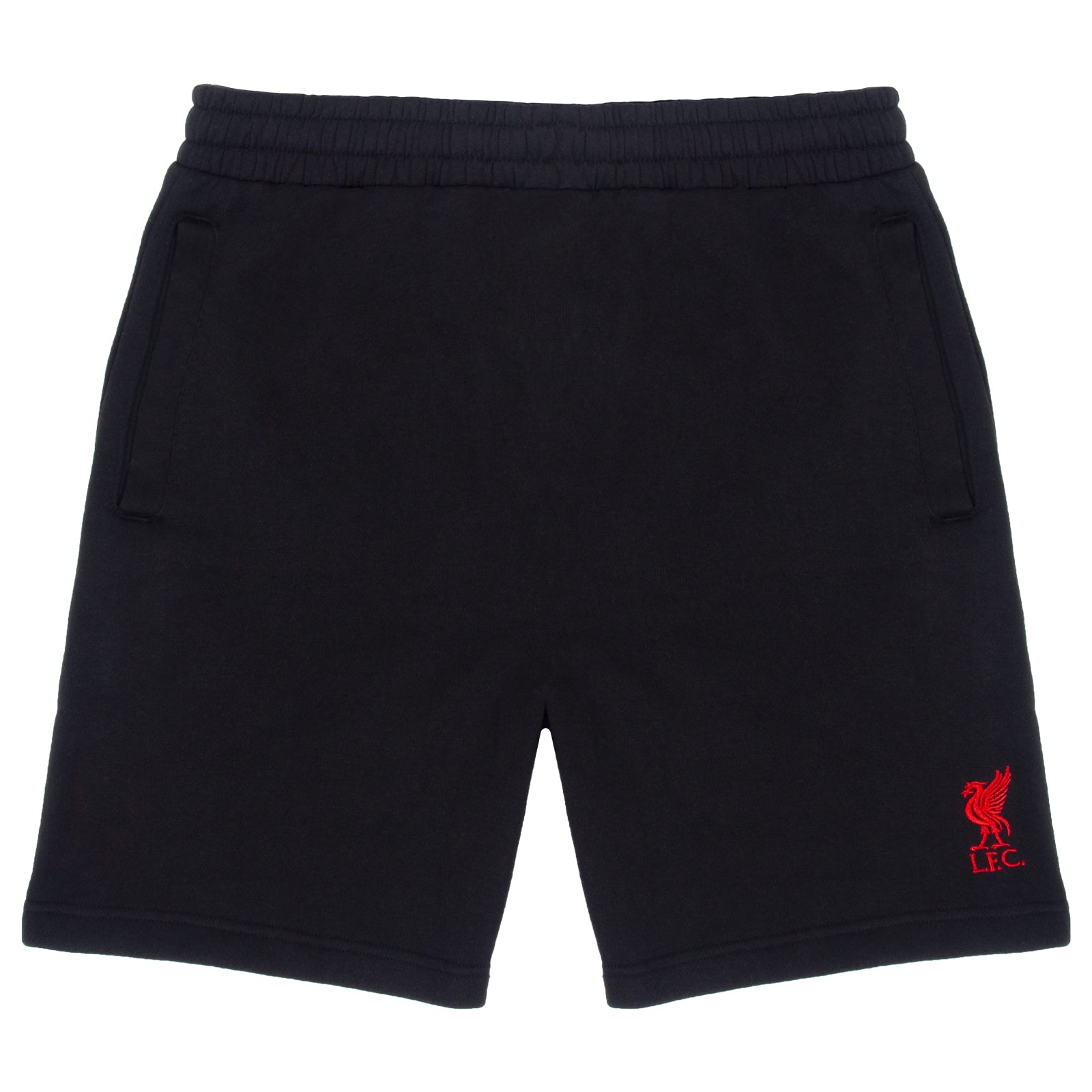 Liverpool adults fleece shorts in black with crest to left leg and pockets to front & back.