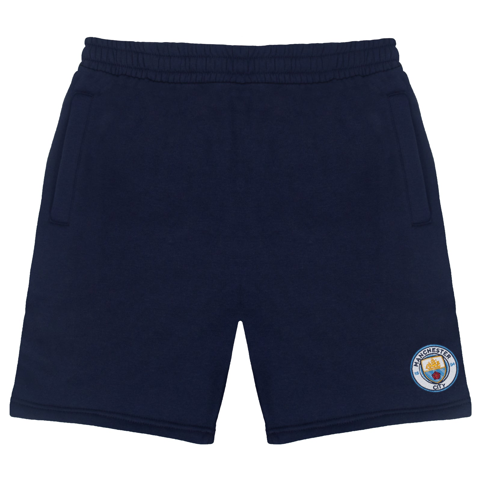 Man City adults fleece shorts in navy blue with crest to left leg and pockets to front & back.