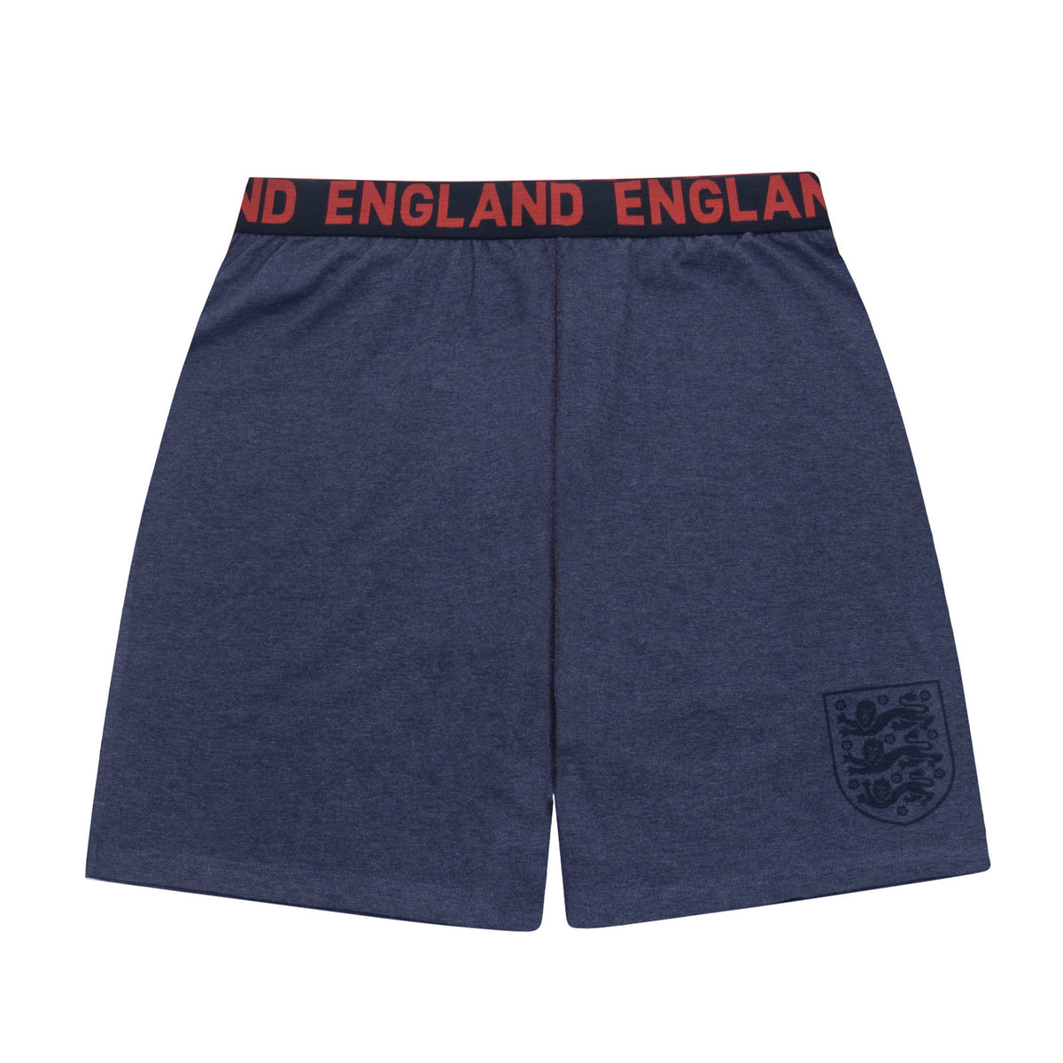 England adults short pyjamas in navy marl. T-shirt and shorts set featuring the three lions crest plus 'ENGLAND text to the waistband
