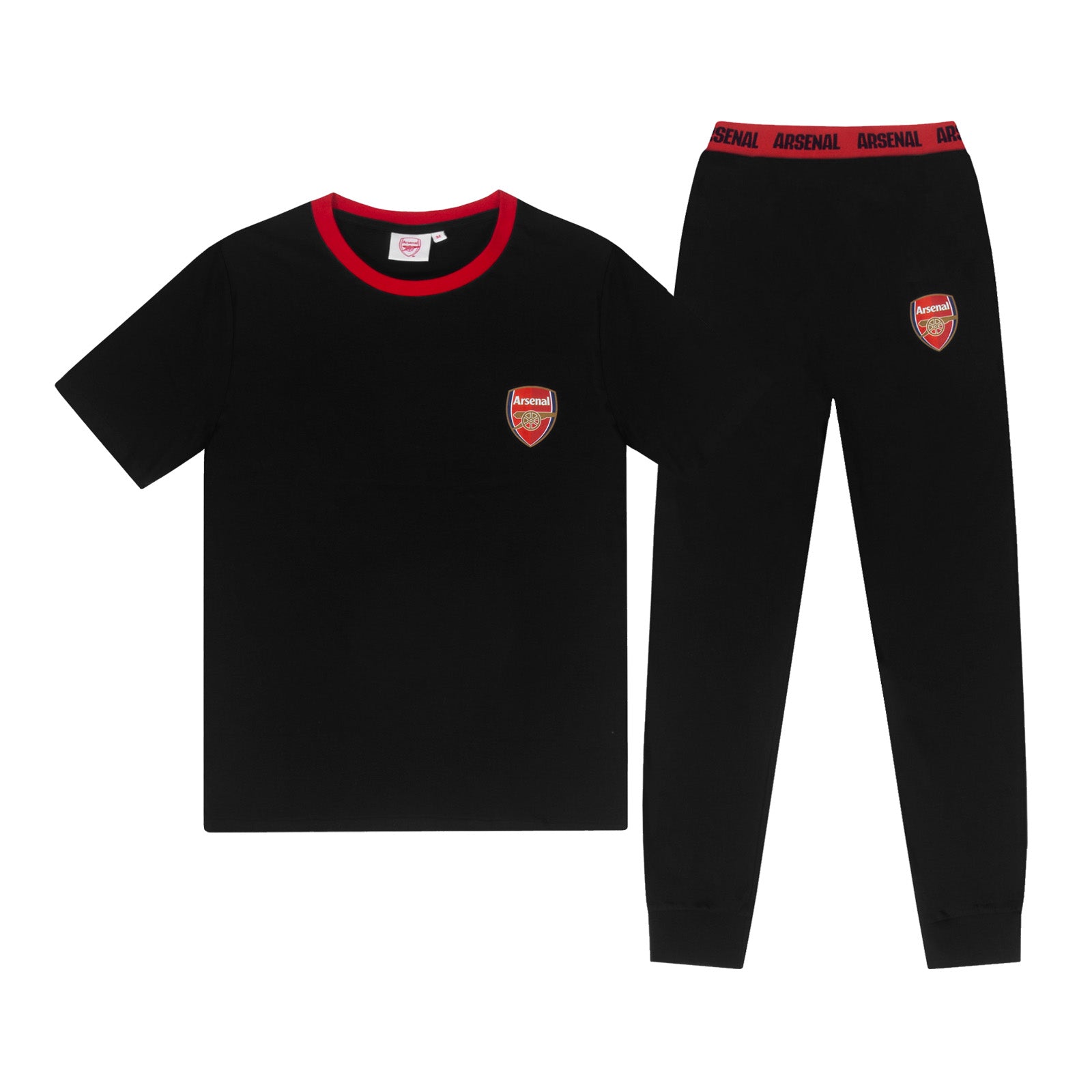 Arsenal adults long pyjamas in black. Two-tone short sleeve top with club crest and long bottoms with crest.
