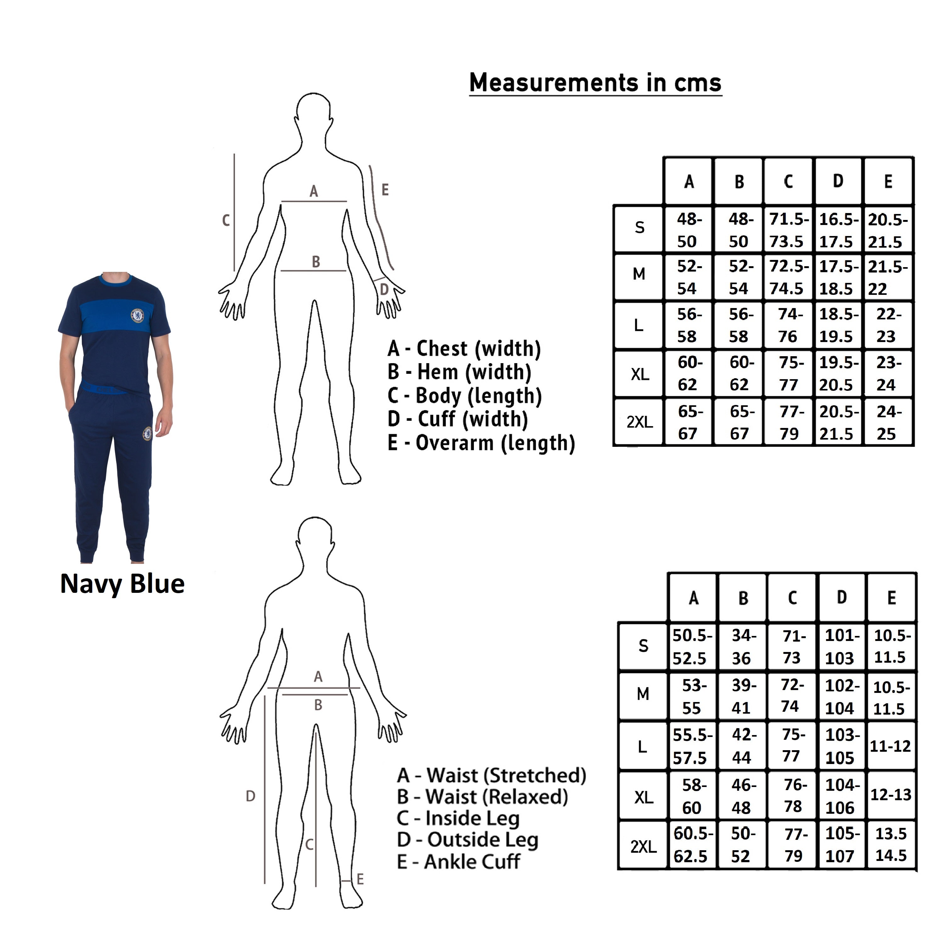 Chelsea adults long yjamas in navy blue. Two-tone short sleeve top with club crest and long pyjama bottoms with badge