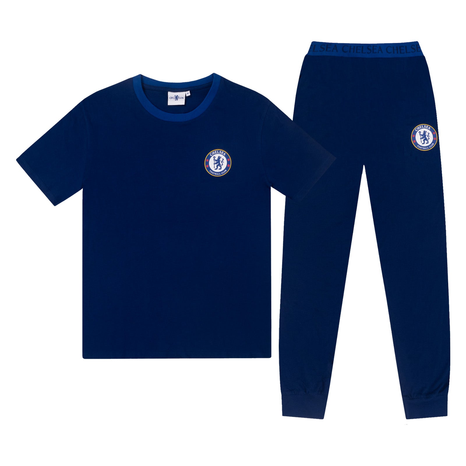 Chelsea adults long pyjamas in blue. Short sleeve top featuring club crest to chest. Long bottoms with club crest to leg and CHELSEA text on the waistband
