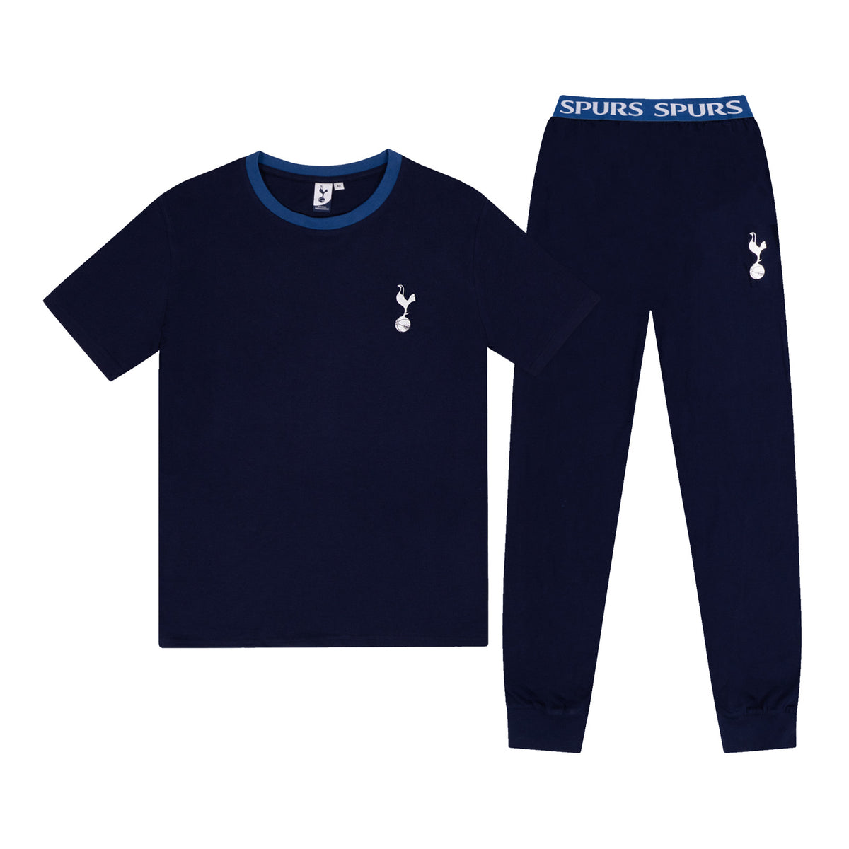 Tottenham Hotspur adults long pyjamas in blue. Short sleeve top featuring club crest to chest. Long bottoms with club crest to leg and SPURS text on the waistband