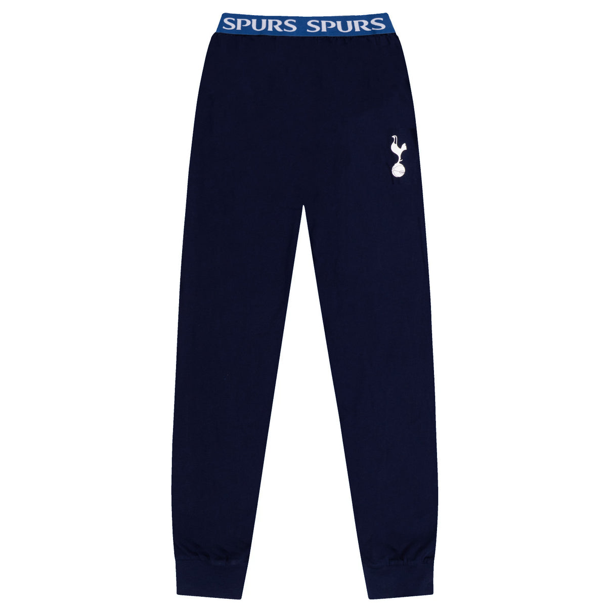 Spurs adults long pyjamas in navy blue. Short sleeve top with badge to chest and long bottoms with badge