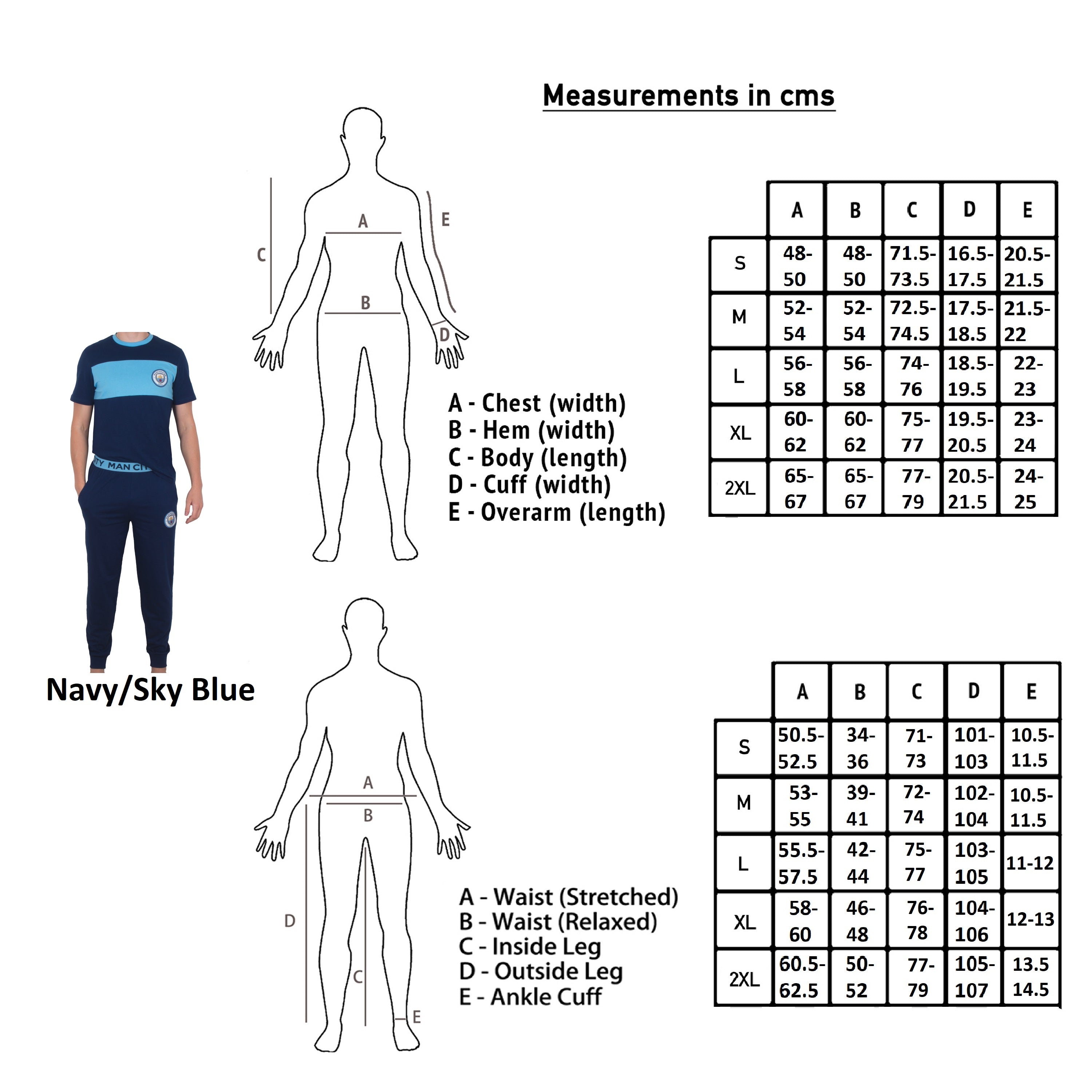 Man City adults long pyjamas in navy & sky blue. Two-tone short sleeve top with crest and long bottoms with badge