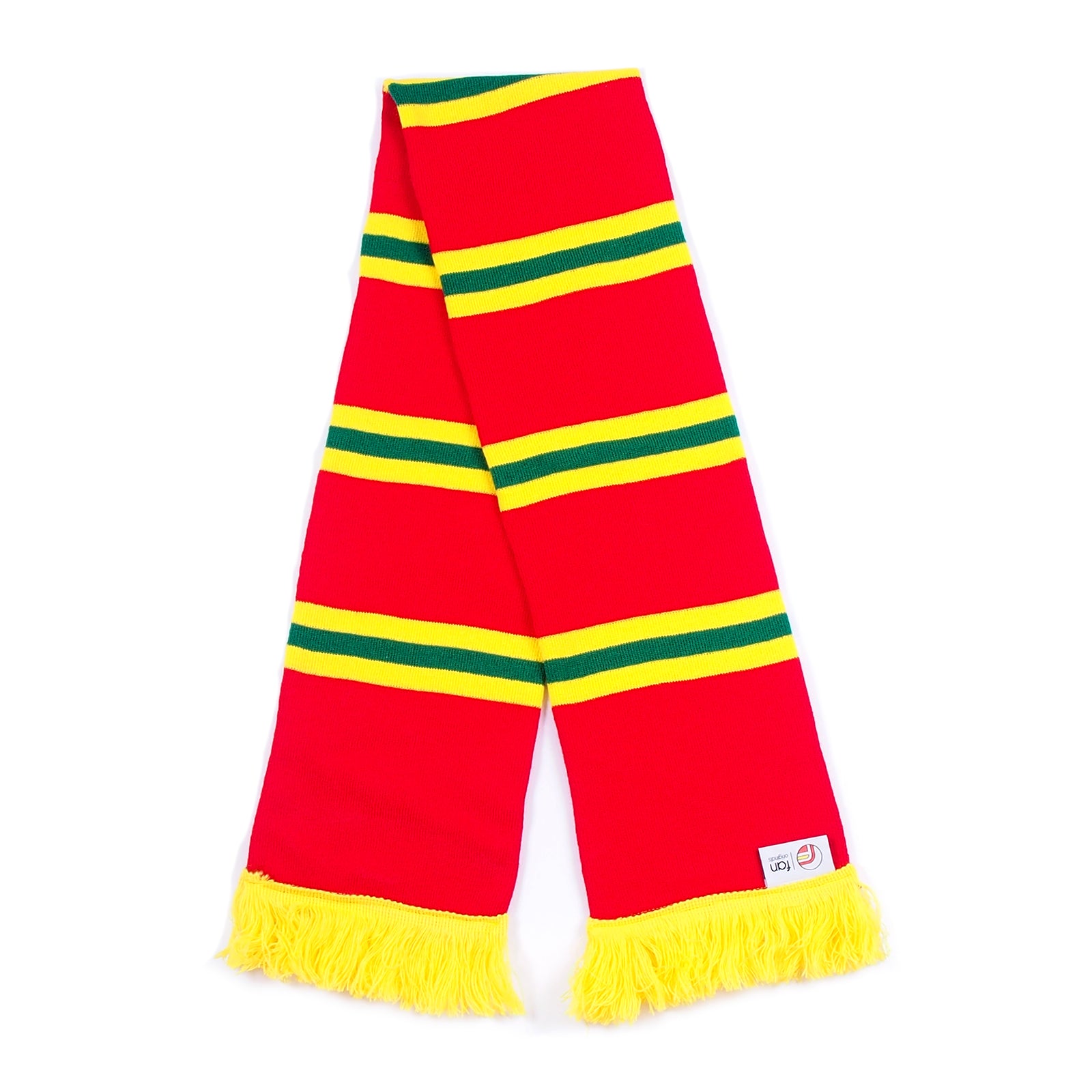 Wales FA retro football bar scarf in red, green and white with wales crest and fring to ends.