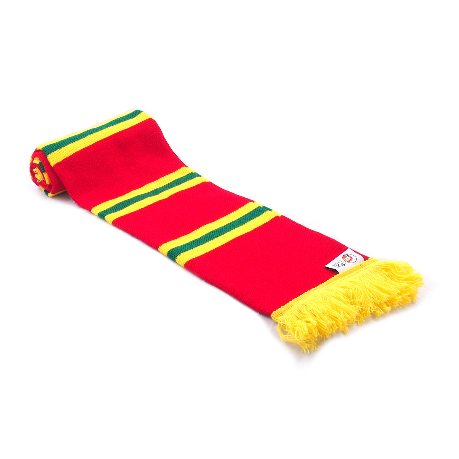 Wales FA retro football bar scarf in red, green and white with wales crest and fring to ends.