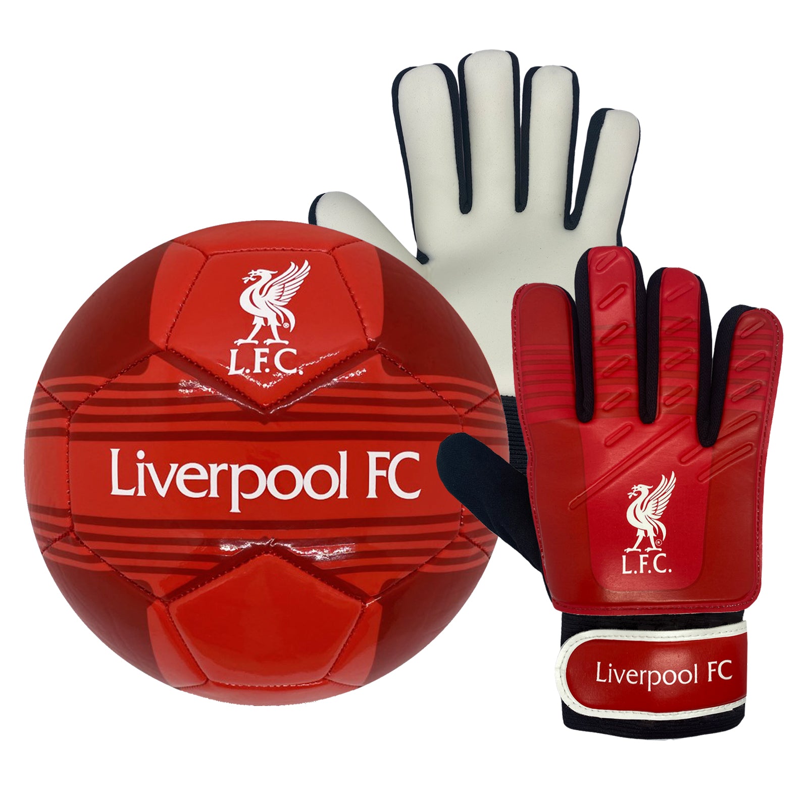 Liverpool size 4 red ball with LFC club badge to football and to each glove.