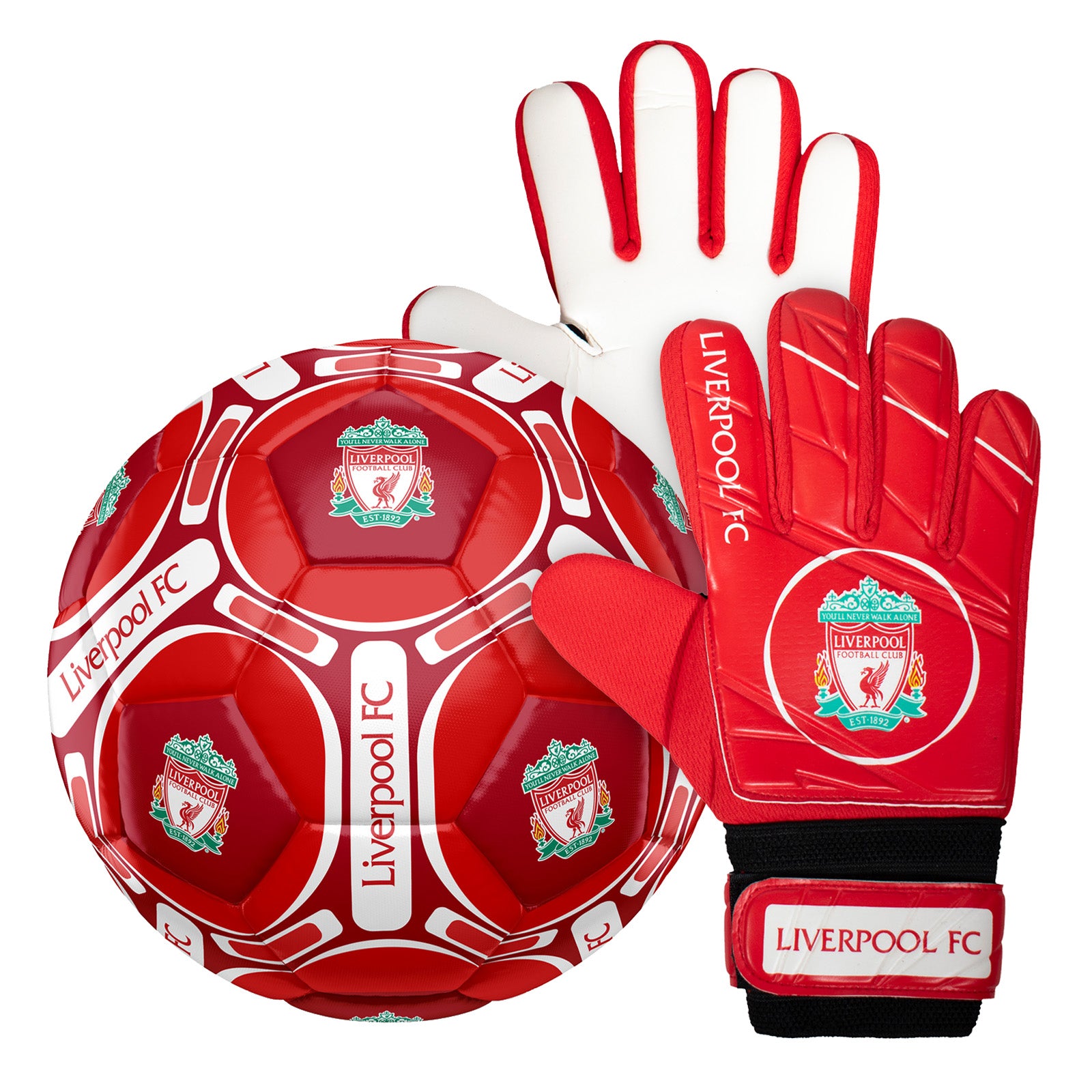 Liverpool size 4 red ball with LFC club badge to football and to each glove.