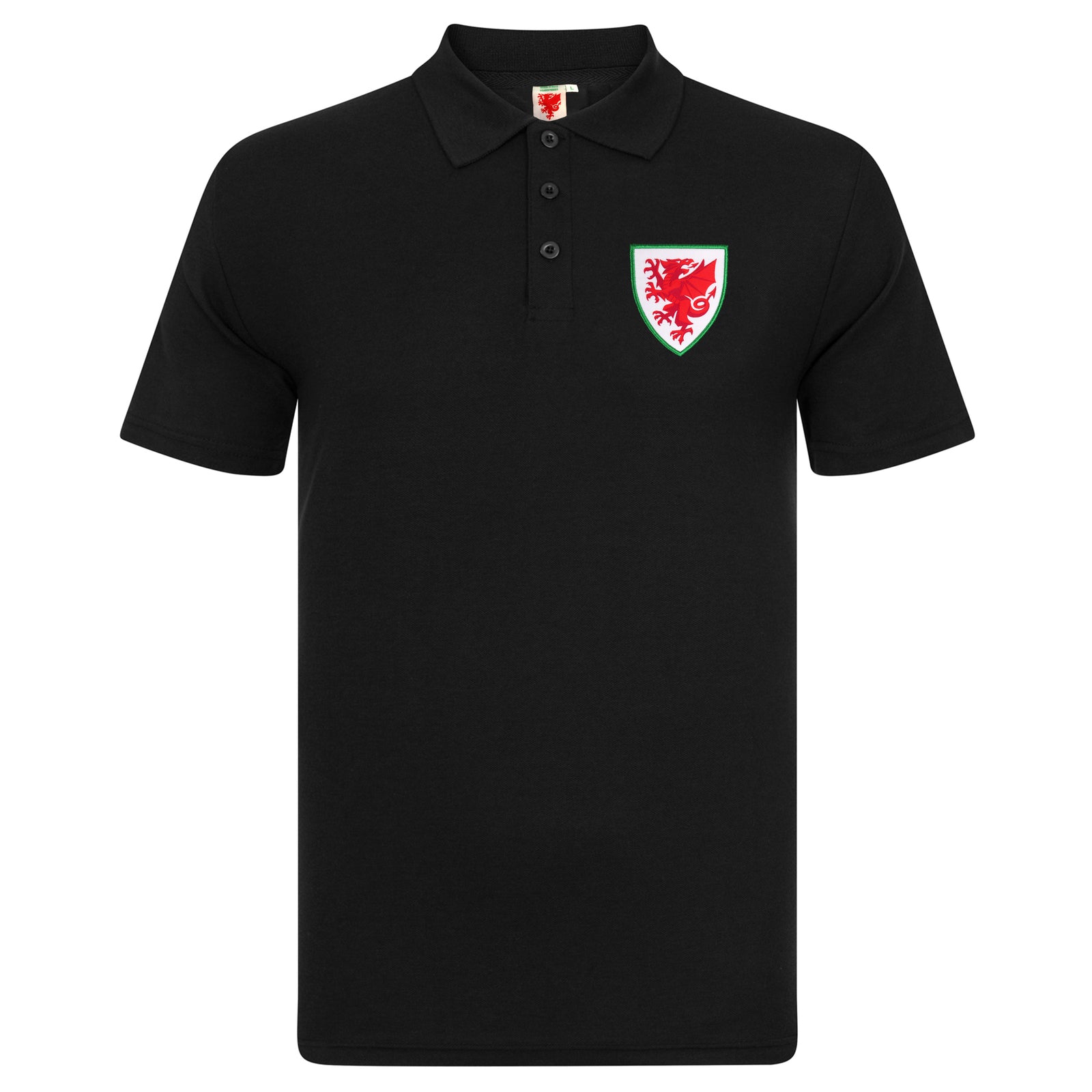 Wales adults polo shirt in black with Cymru badge to the chest.