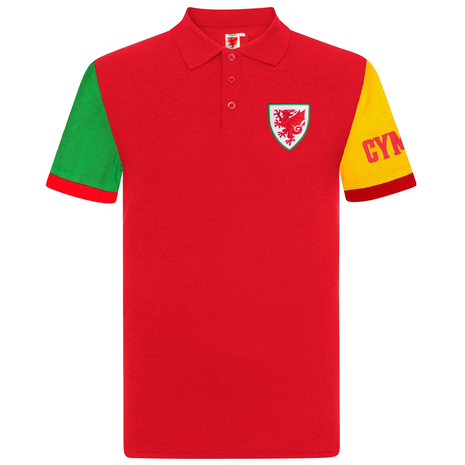 Wales adults polo shirt in red with contrast sleeve and Cymru badge to the chest.