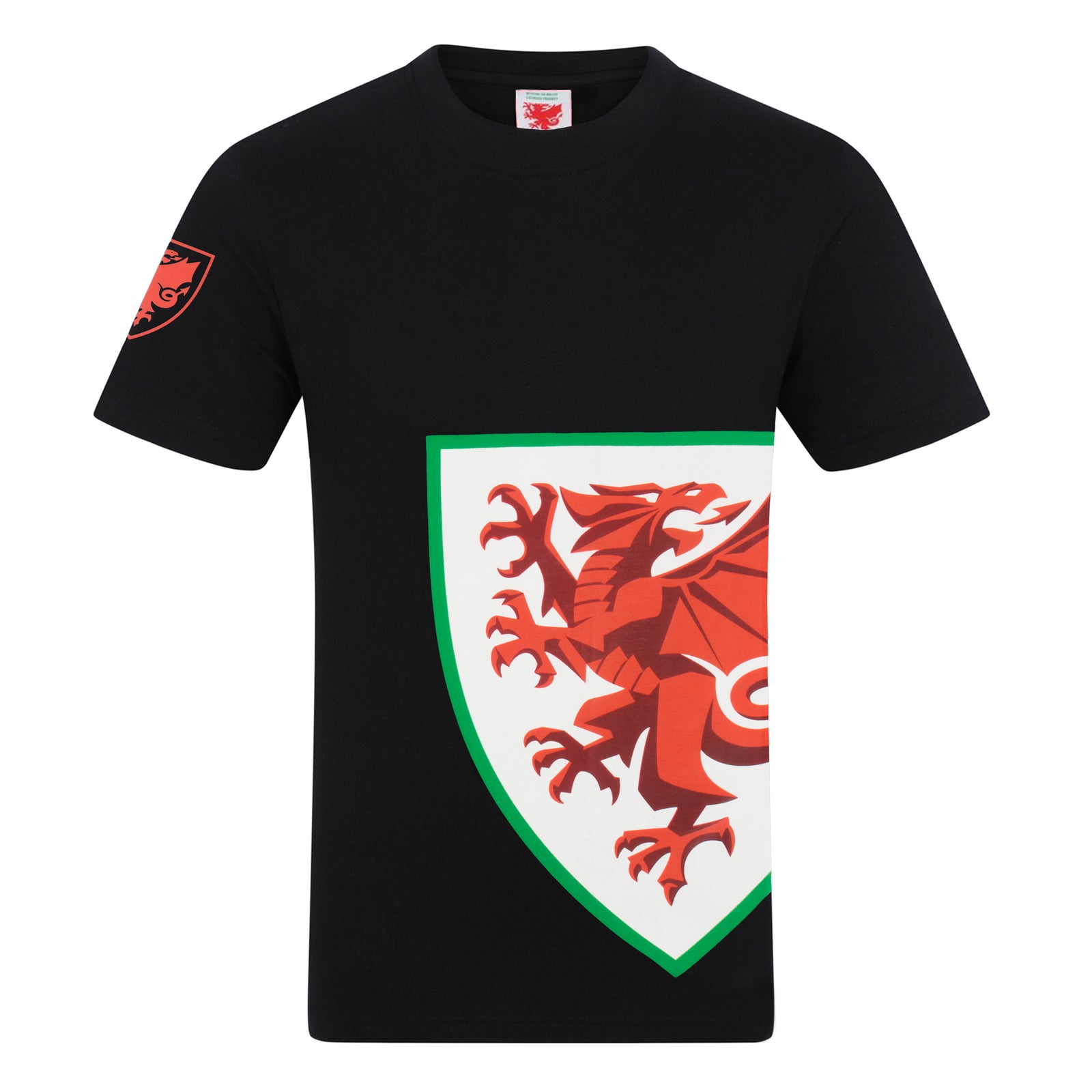 Wales adults graphic T-shirt in black with large national crest print to front.