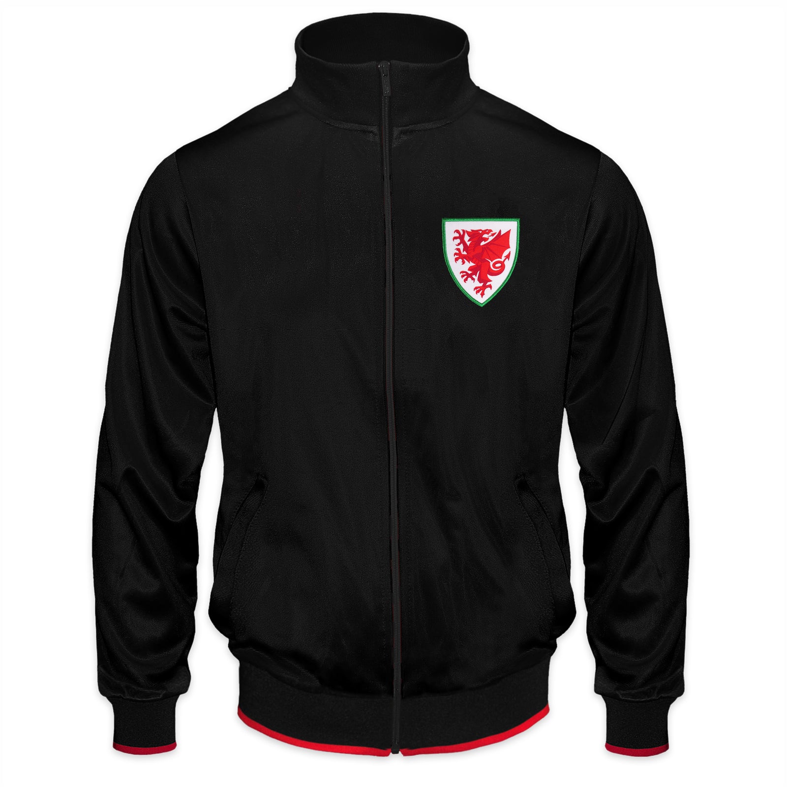 Wales adults retro track jacket in black with Wales FA crest to chest.