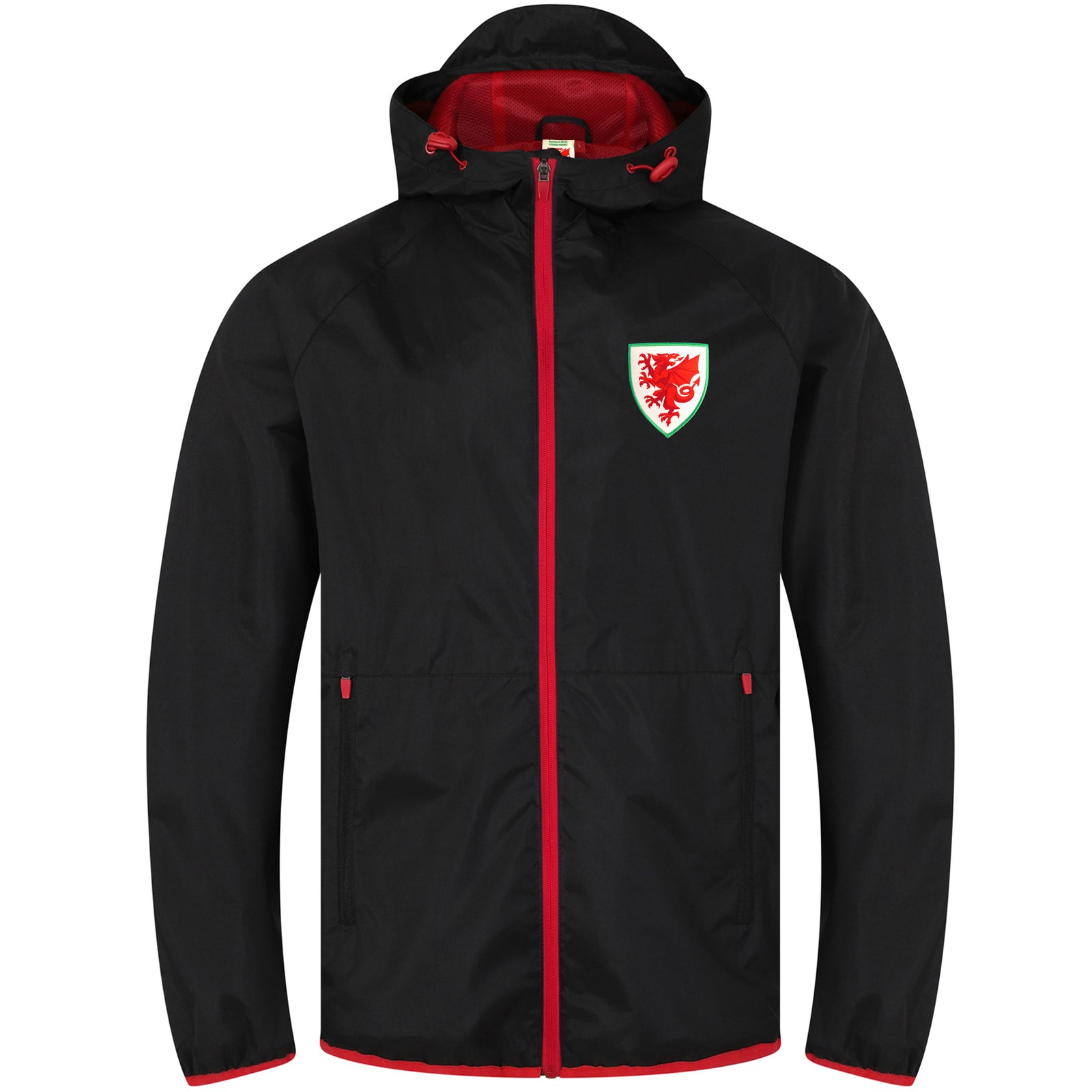 Wales adults shower jacket in black with Wales FA club badge to the left chest.