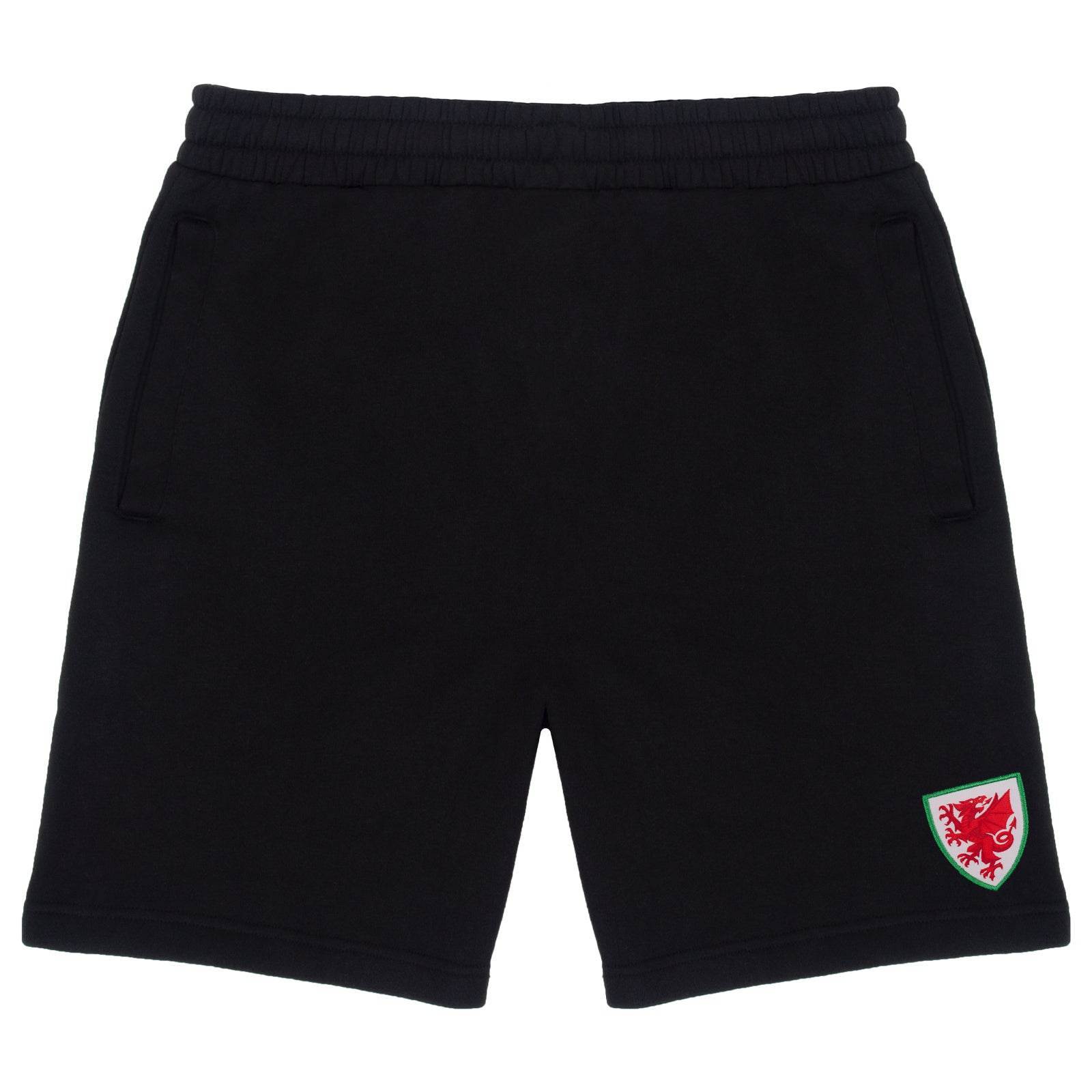 Wales FA adults fleece shorts in black with crest to left leg and pockets to front & back.