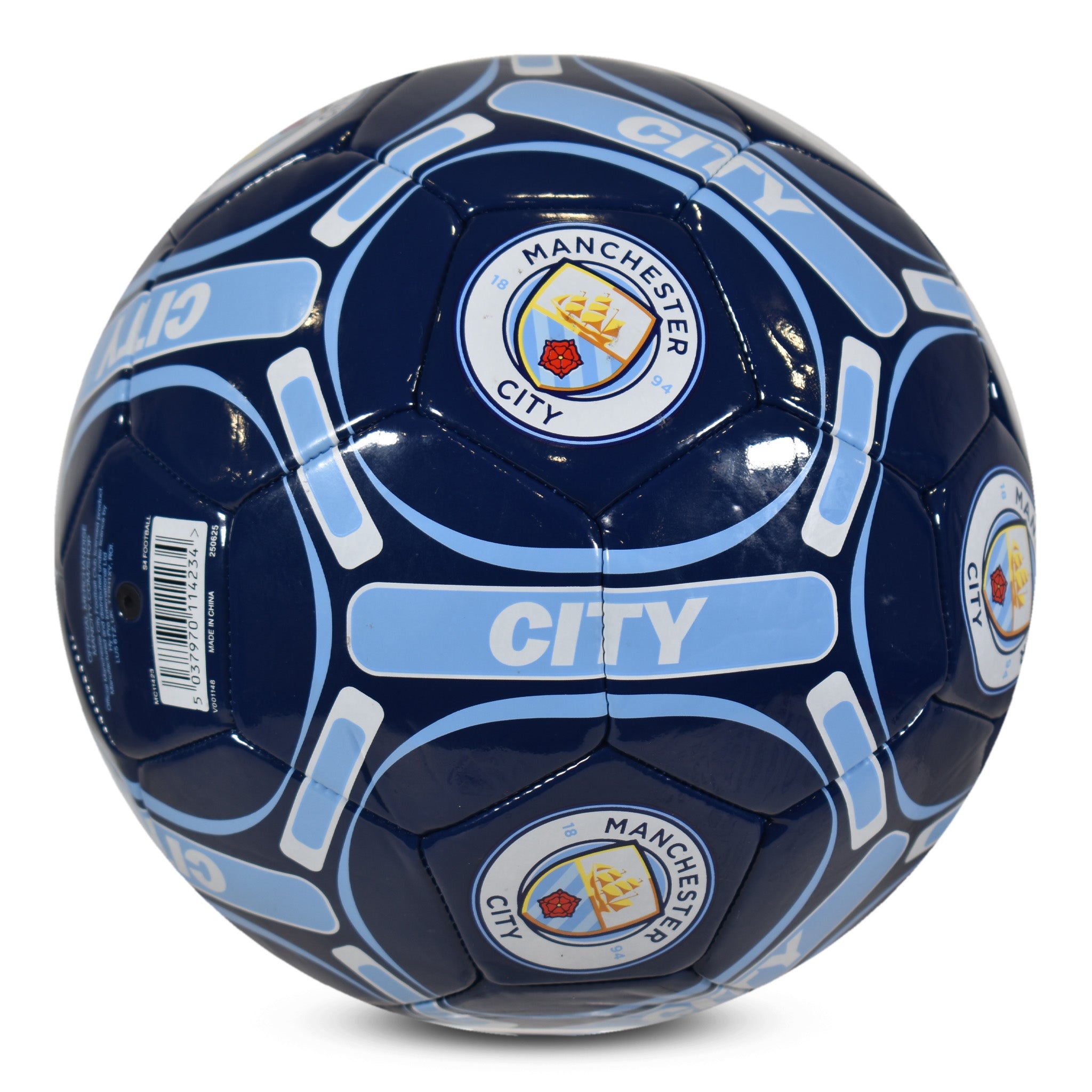 Man City size 4 blue football with MCFC crests & text.