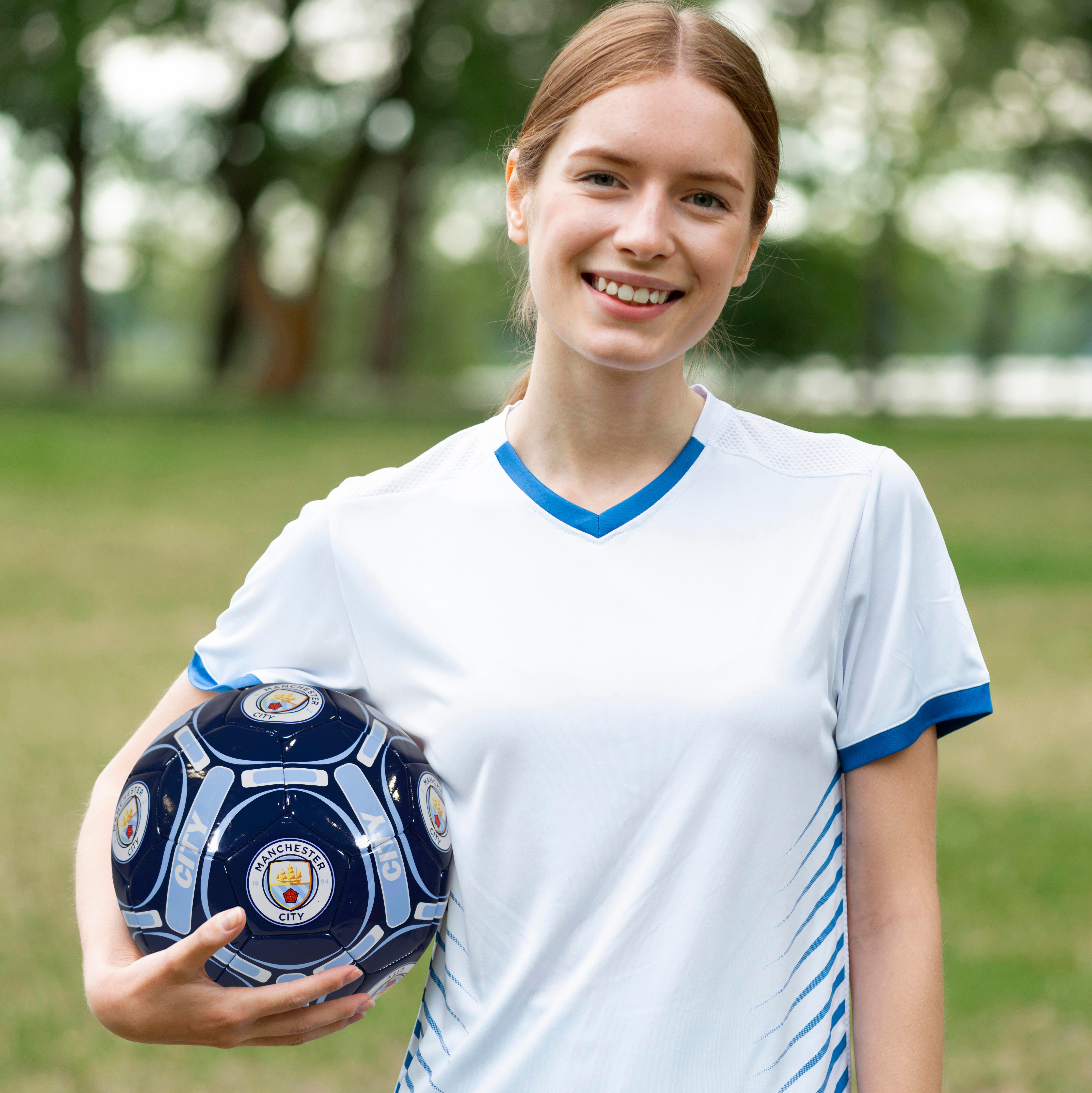 Man City size 4 blue football with MCFC crests & text.