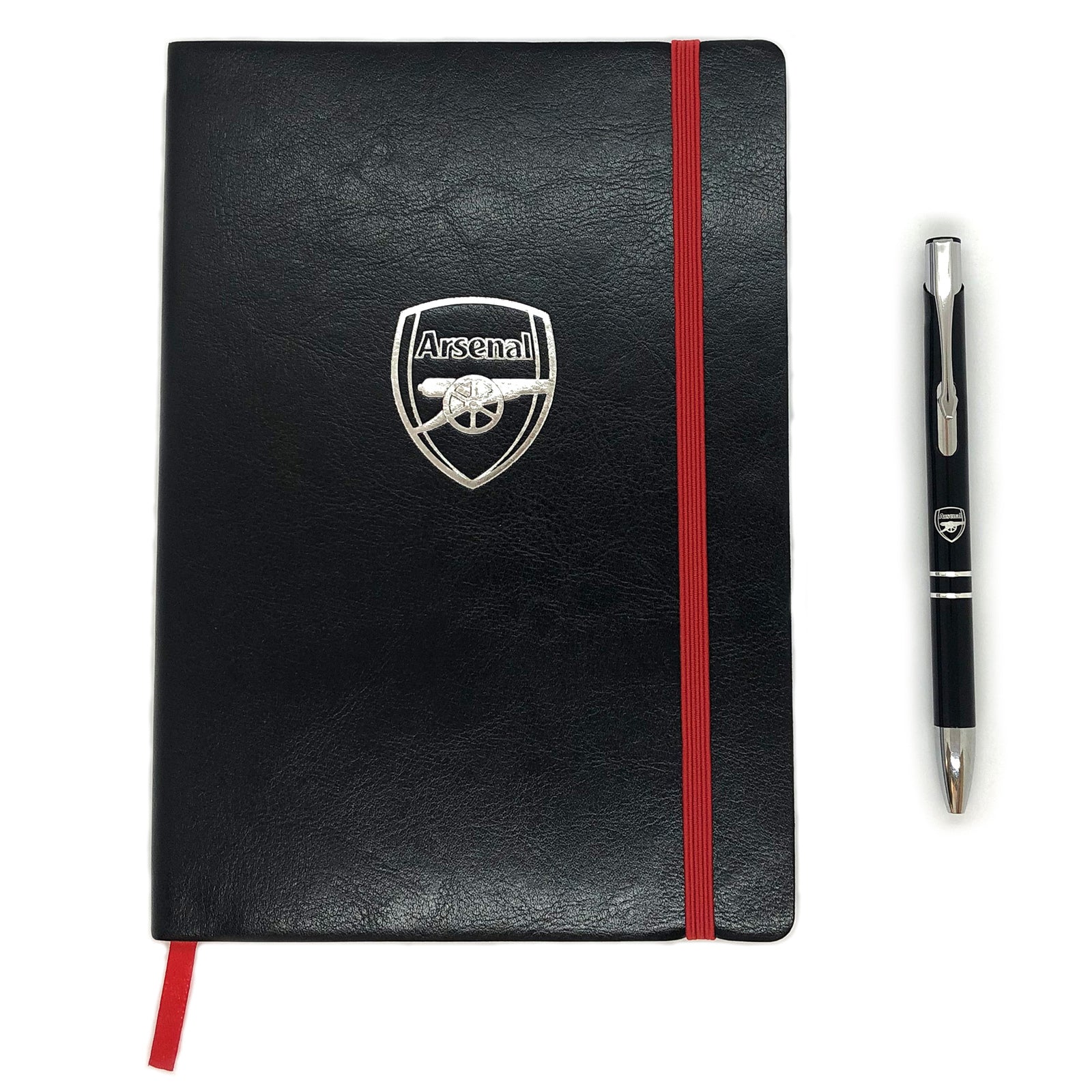 Arsenal notebook & pen in black with silver foil crest in club design gift box.