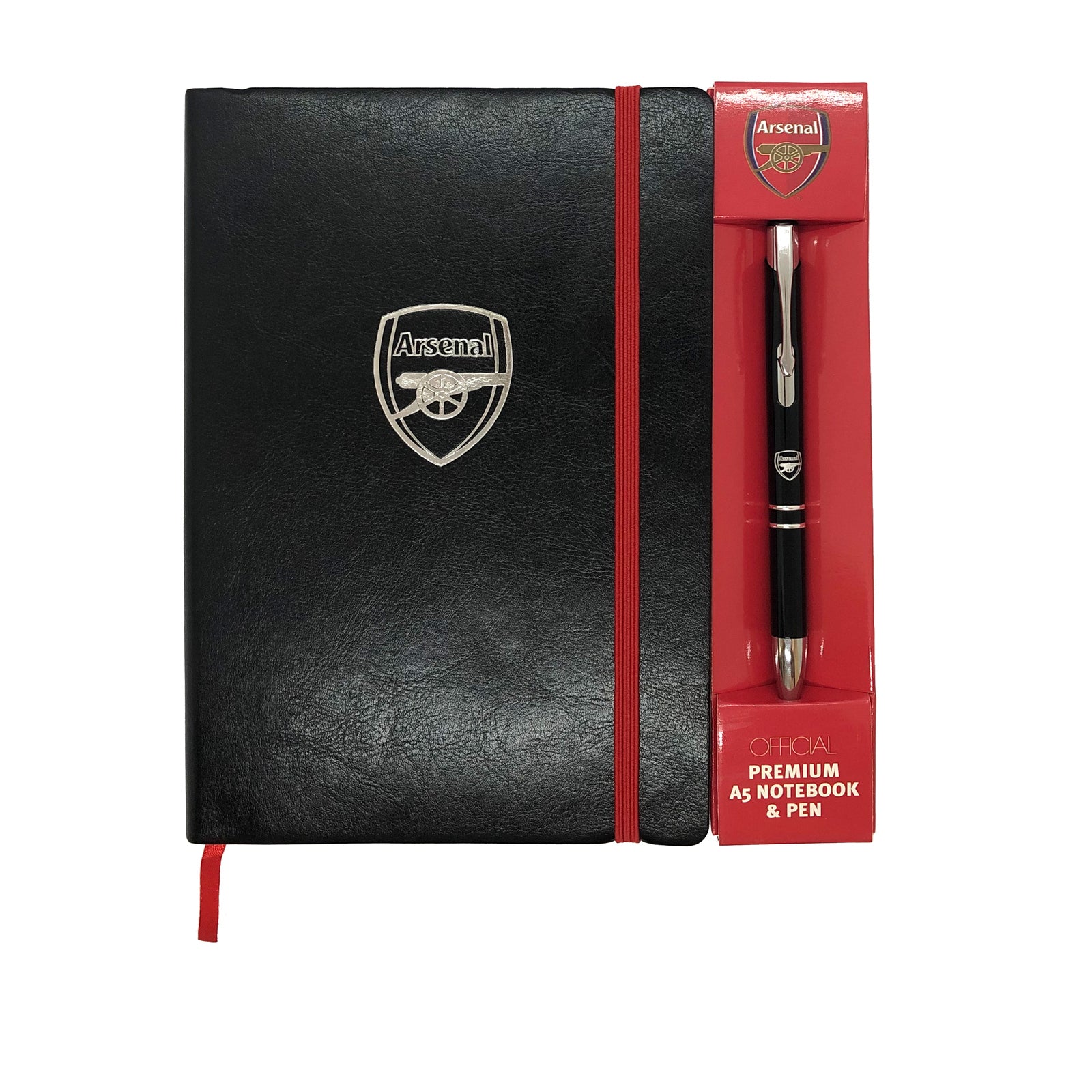 Arsenal notebook & pen in black with silver foil crest in club design gift box.