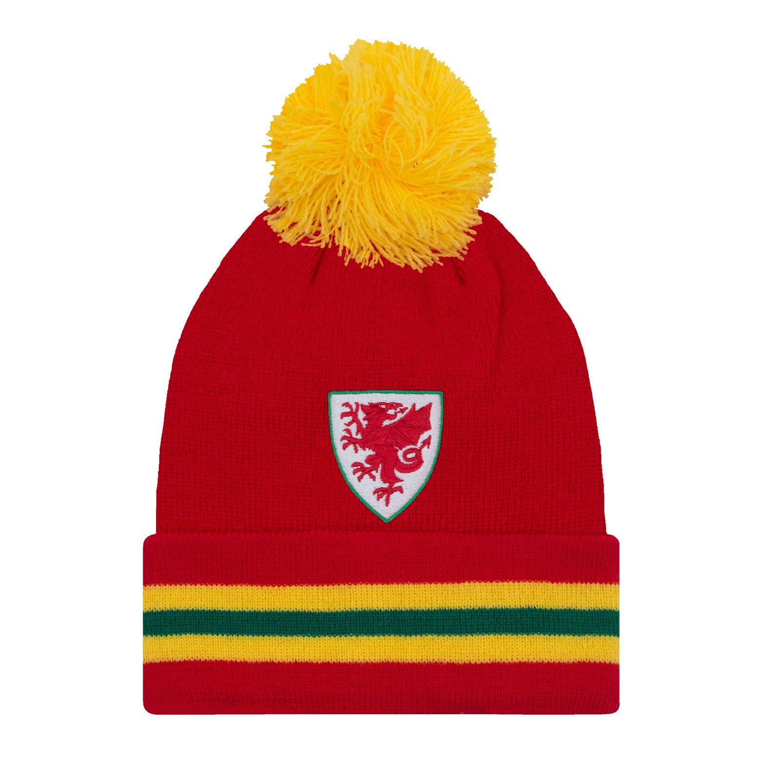 Wales bar scarf & bobble hat in red, yellow & green with Wales crest to hat & to end of the scarf.